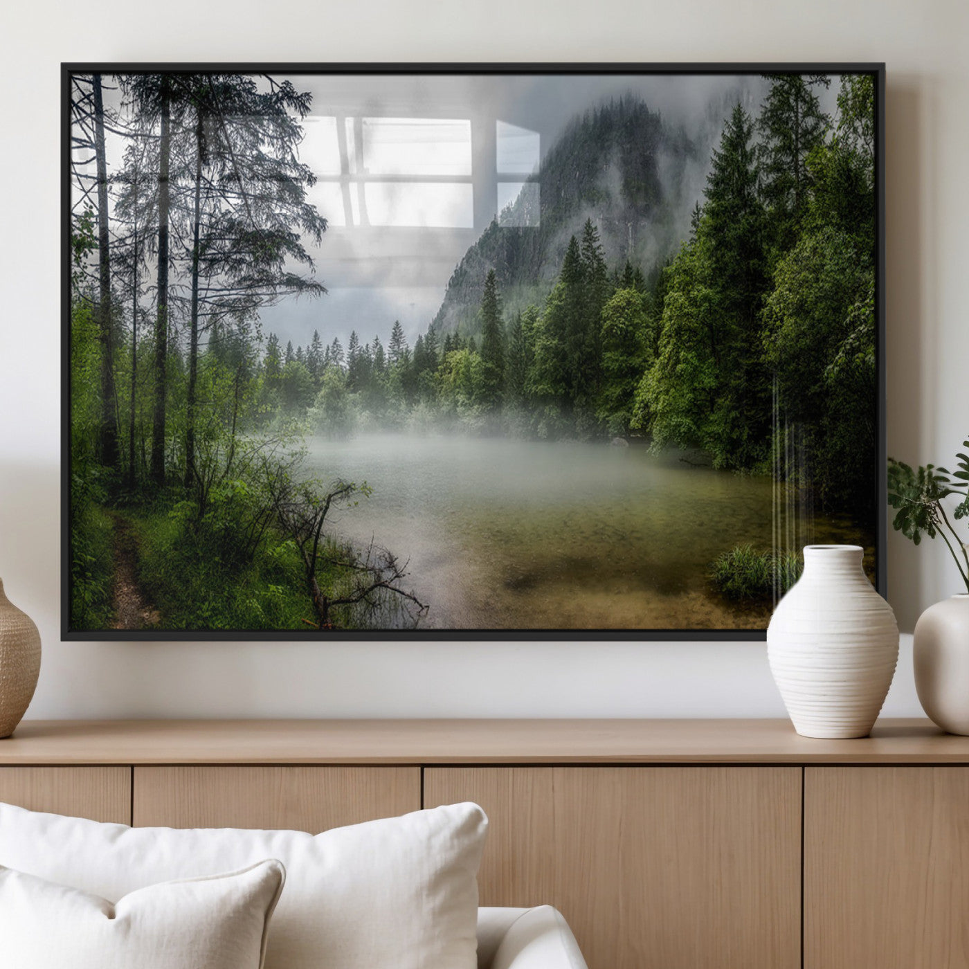 93123937-MGV-CV-60X30-3P_Black-Misty Lake Forest Green Trees Calm Water Reflection Mountain Fog Nature Landscape Outdoor Scenic Beauty Wall Art Canvas Print