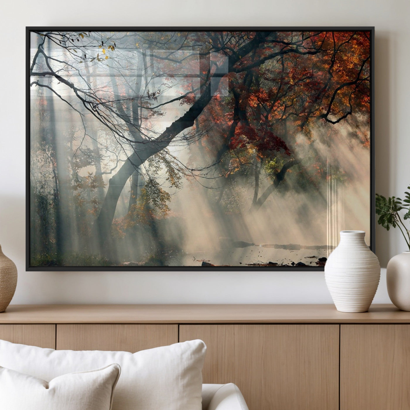 36043878-MGV-FP-36X24-3P_Black-Sunlit Autumn Forest Wall Art Canvas Print – Framed Mist Trees Scene with Peaceful Rays Artwork for Home, Office