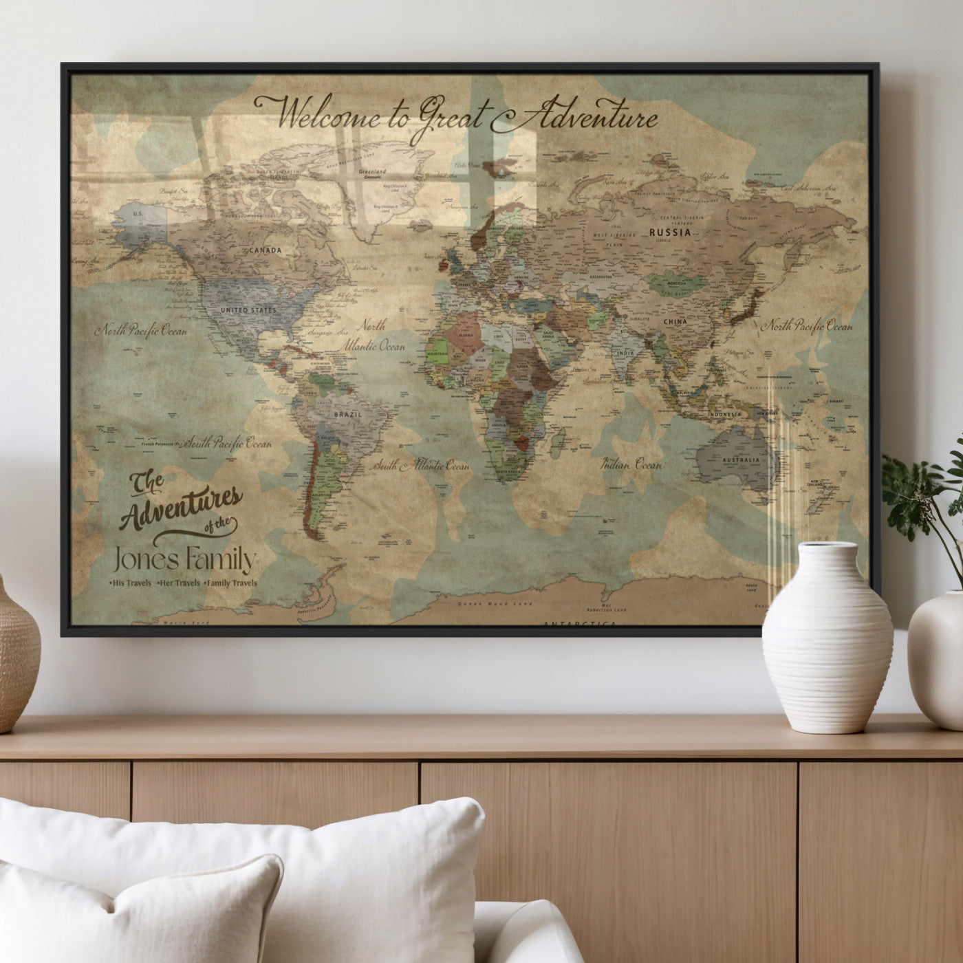 70680424-MGV-FP-36X24-3P_Black-Personalized World Map Wall Art Canvas Print – Customizable Push Pin Framed Travel Map Artwork for Home Office
