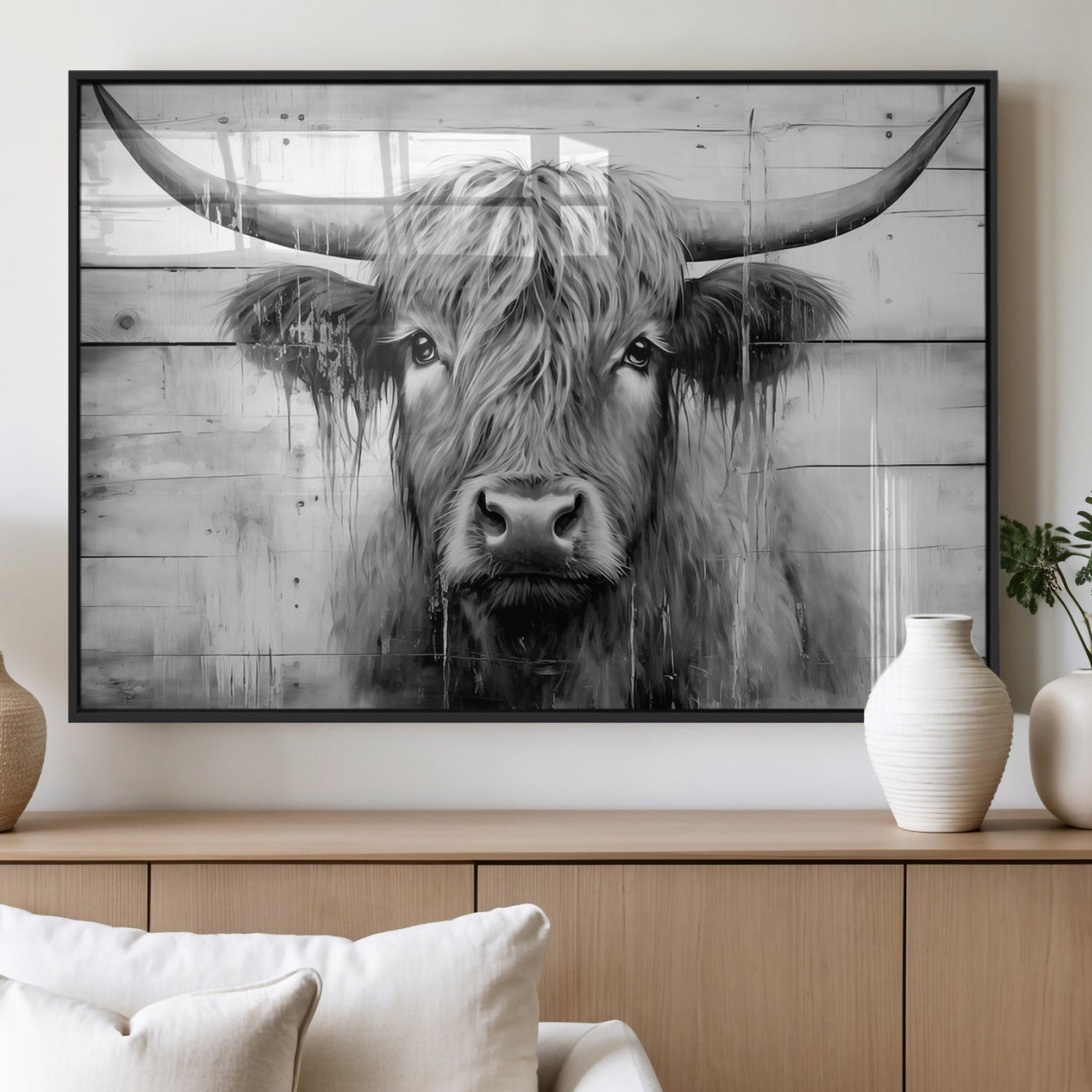 1001HASAN27-MGV-FP-36X24 - Black White Highland Cow Wall Art Canvas Print