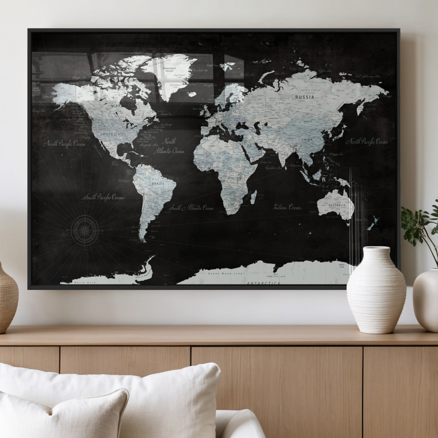 30759283-MGV-FP-36X24 - World Map Wall Art Canvas Print, Modern Decorative Framed Map Artwork Prints for Living Room, Office, Bedroom Wall Decor