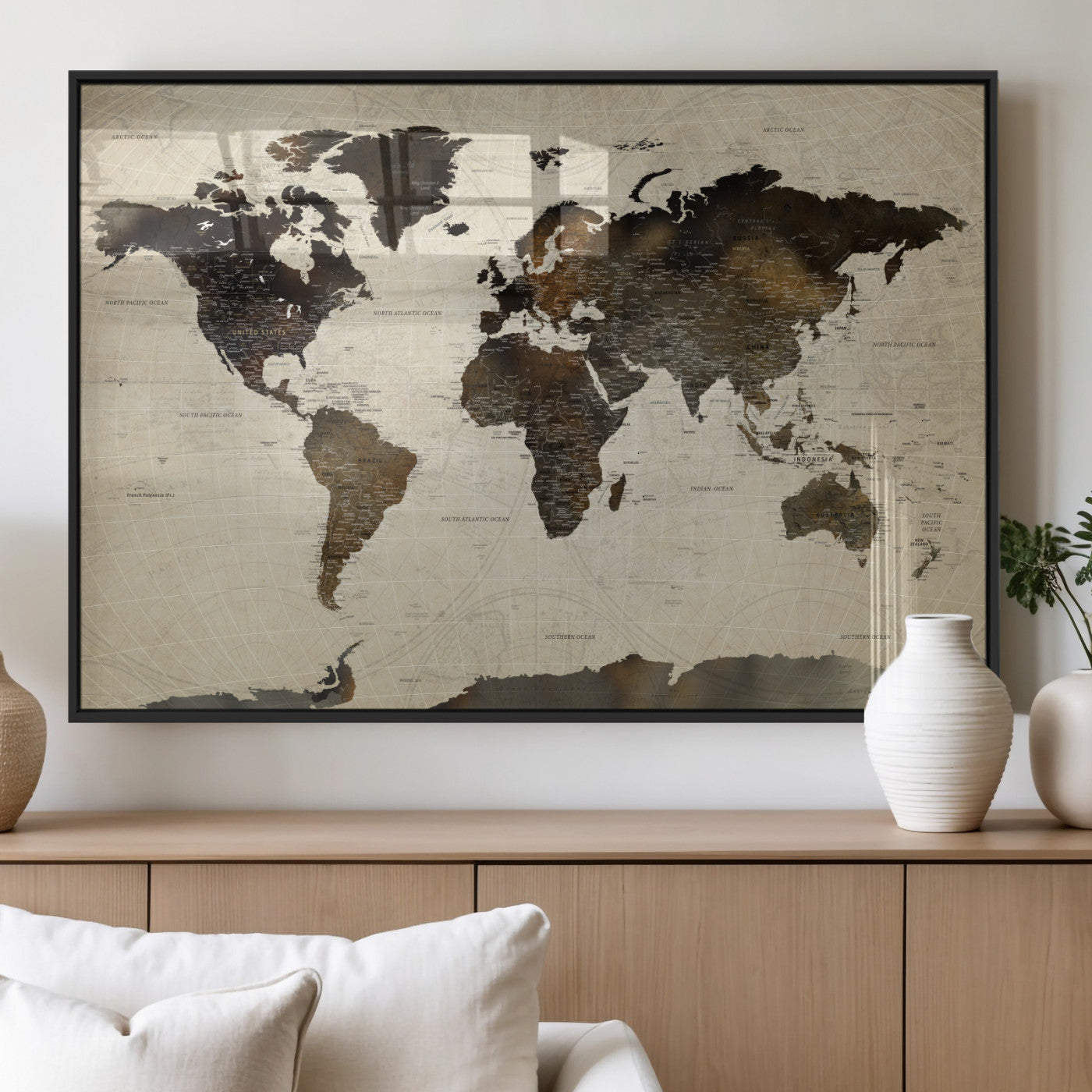 81771296-MGV-FP-36X24 - World Map Wall Art Canvas Print, Modern Decorative Framed Map Artwork Prints for Living Room, Office, Bedroom Wall Decor