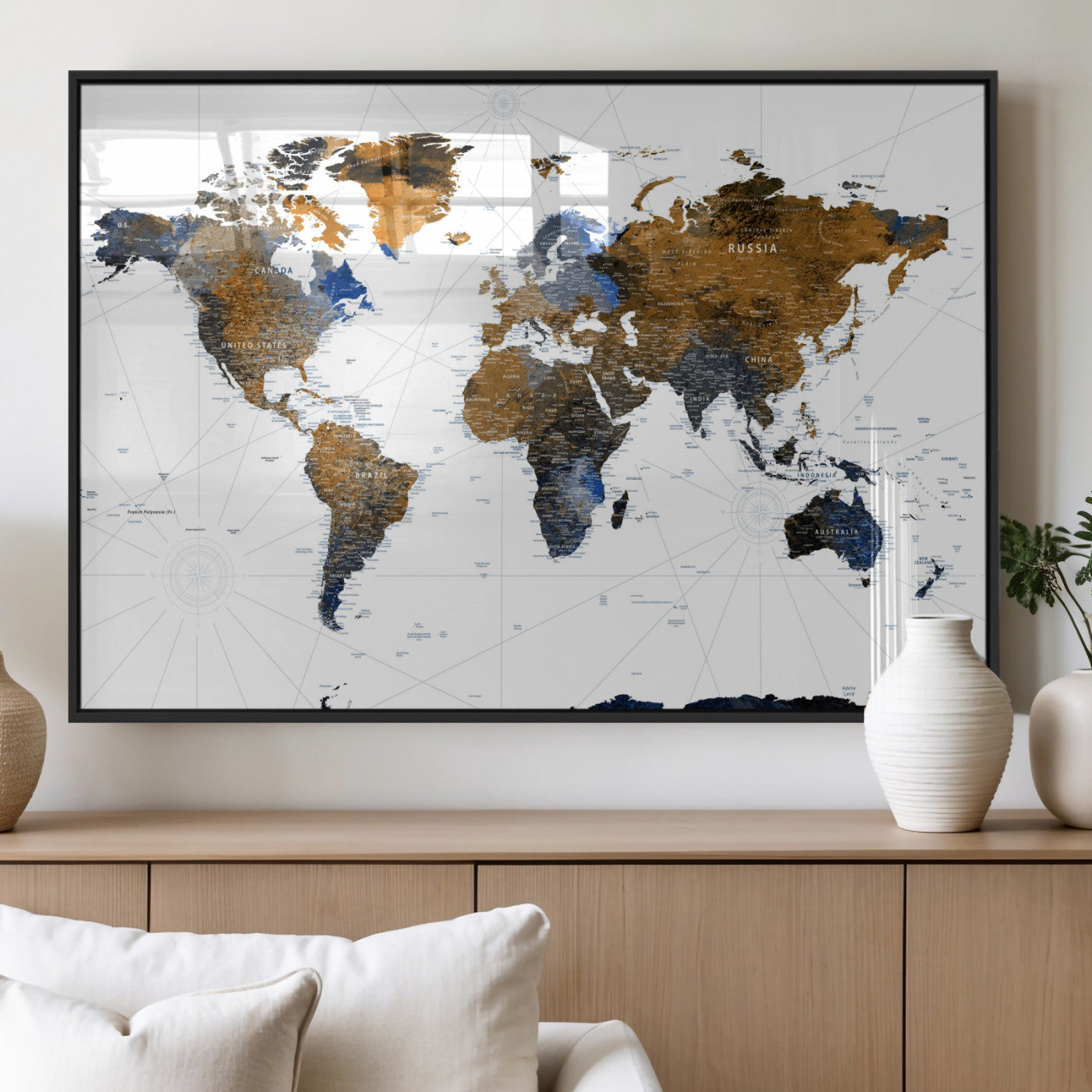 40862517-MGV-FP-36X24 - World Map Wall Art Canvas Print, Modern Decorative Framed Map Artwork Prints for Living Room, Office, Bedroom Wall Decor