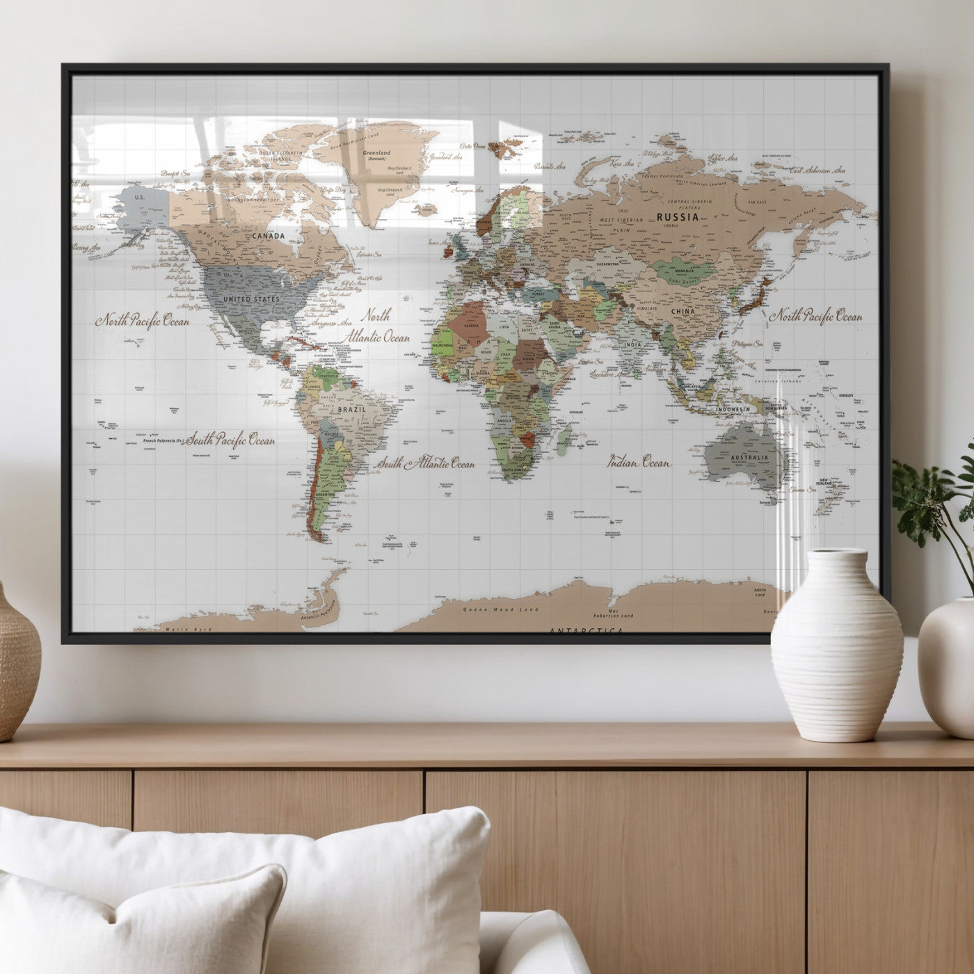 91286788-MGV-CV-36X24 - World Map Wall Art Canvas Print, Modern Decorative Framed Map Artwork Prints for Living Room, Office, Bedroom Wall Decor