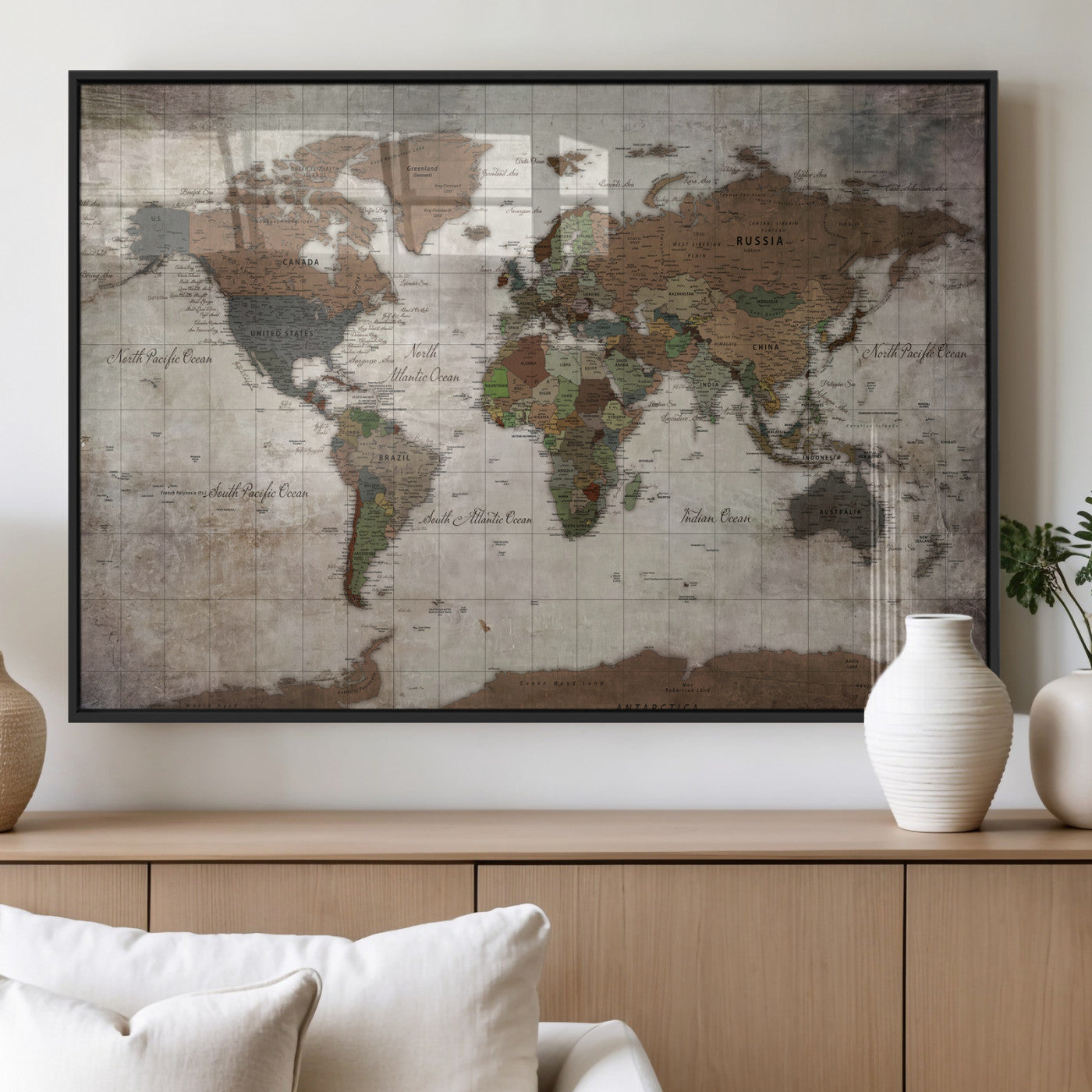 65393892-MGV-CV-36X24 - World Map Wall Art Canvas Print, Modern Decorative Framed Map Artwork Prints for Living Room, Office, Bedroom Wall Decor