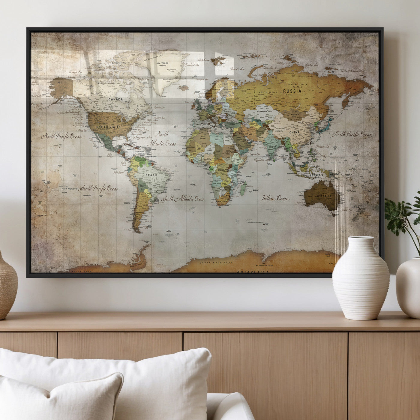 86108417-MGV-CV-36X24 - World Map Wall Art Canvas Print, Modern Decorative Framed Map Artwork Prints for Living Room, Office, Bedroom Wall Decor