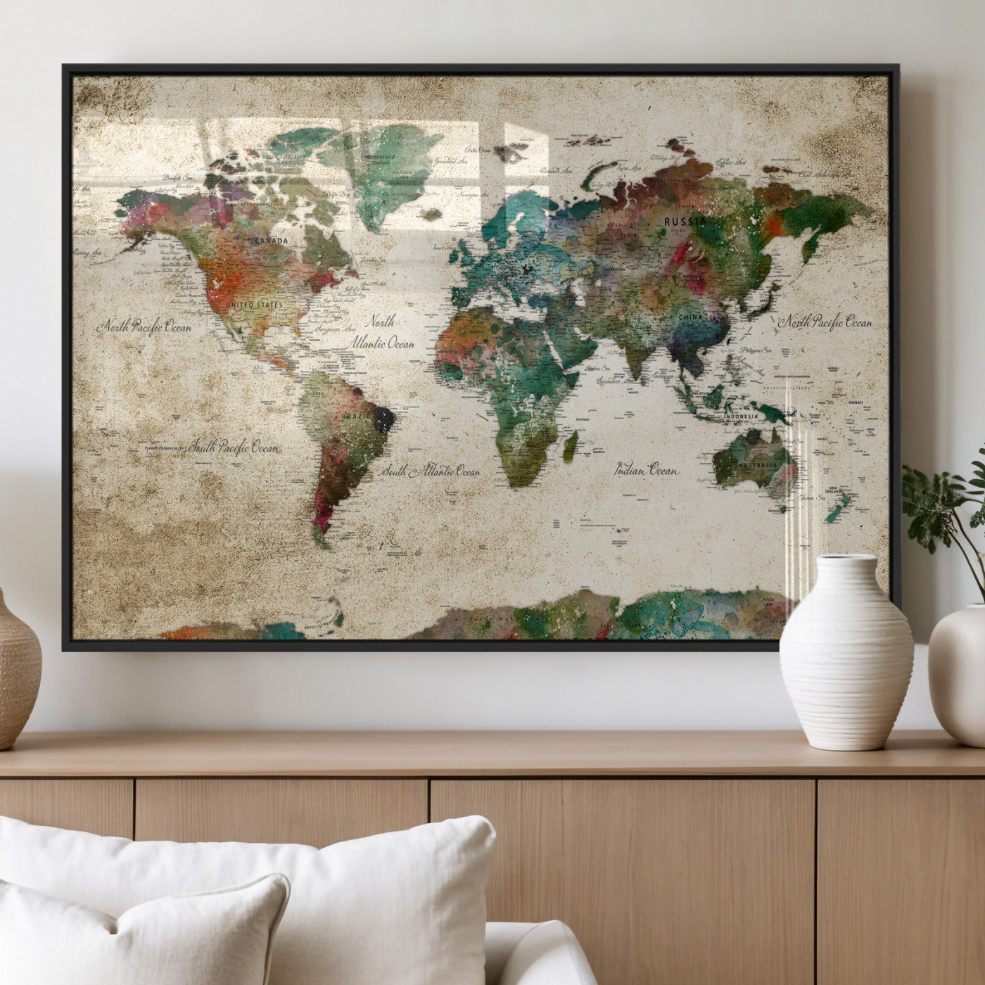 87544591-MGV-CV-36X24 - World Map Wall Art Canvas Print, Modern Decorative Framed Map Artwork Prints for Living Room, Office, Bedroom Wall Decor