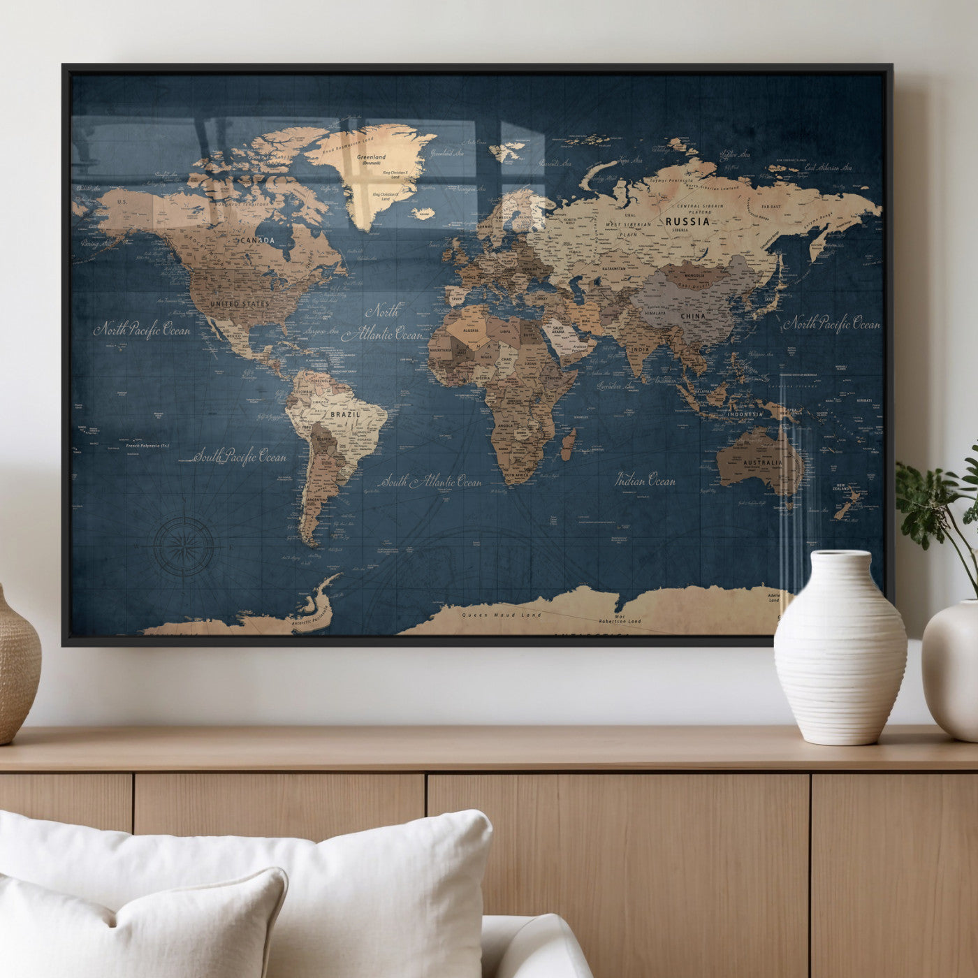 69886352-MGV-CV-36X24 - World Map Wall Art Canvas Print, Modern Decorative Framed Map Artwork Prints for Living Room, Office, Bedroom Wall Decor