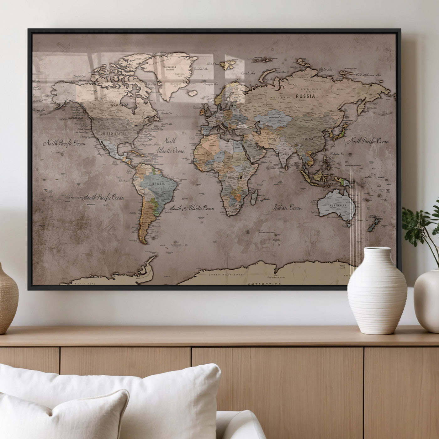 91471273-MGV-CV-36X24 - World Map Wall Art Canvas Print, Modern Decorative Framed Map Artwork Prints for Living Room, Office, Bedroom Wall Decor