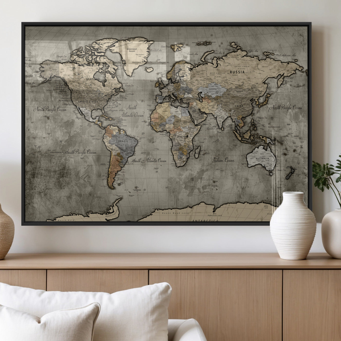 85218700-MGV-CV-36X24 - World Map Wall Art Canvas Print, Modern Decorative Framed Map Artwork Prints for Living Room, Office, Bedroom Wall Decor