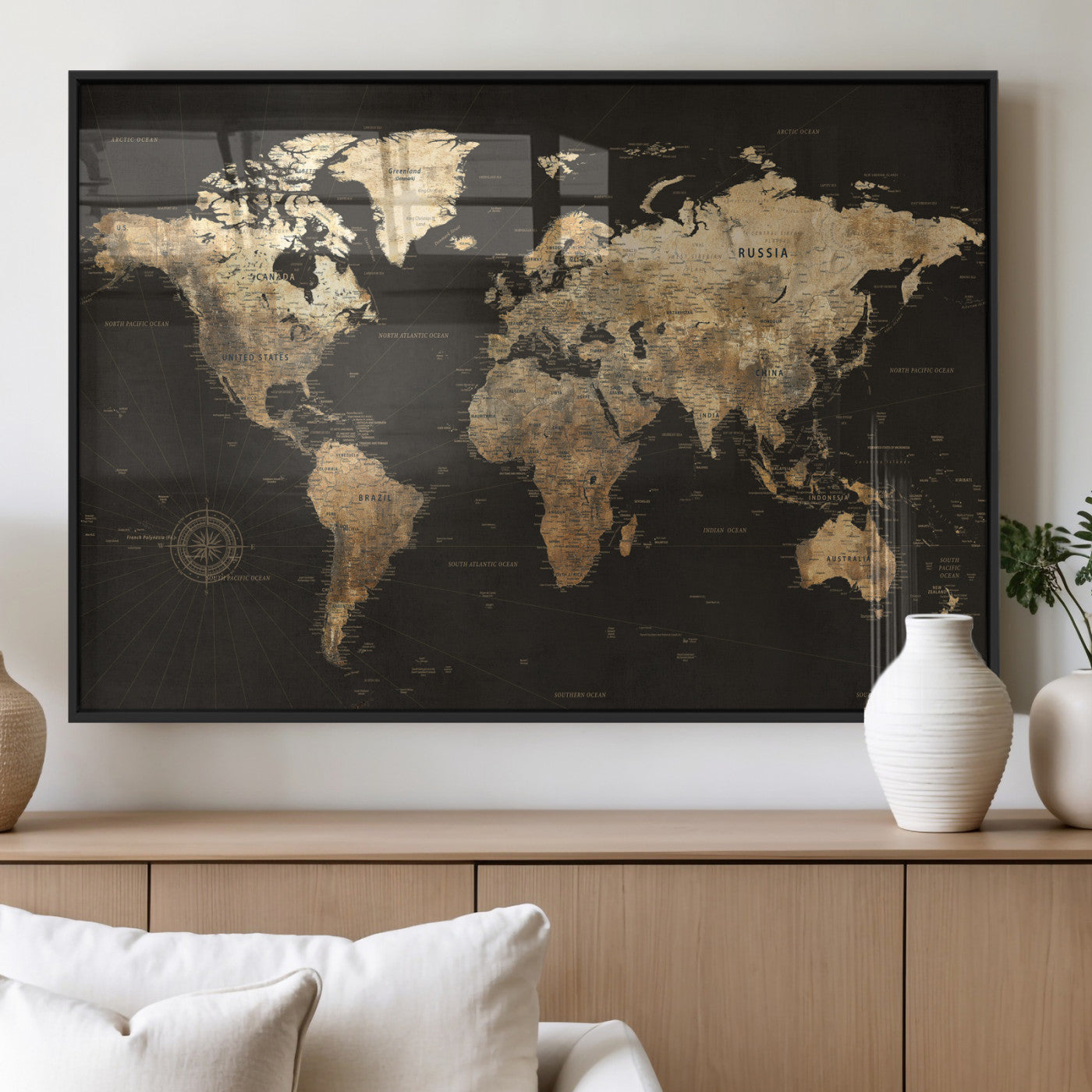 70985630-MGV-CV-36X24 - World Map Wall Art Canvas Print, Modern Decorative Framed Map Artwork Prints for Living Room, Office, Bedroom Wall Decor