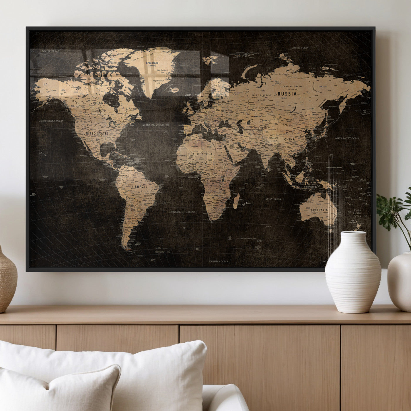 15118265-MGV-CV-36X24 - World Map Wall Art Canvas Print, Modern Decorative Framed Map Artwork Prints for Living Room, Office, Bedroom Wall Decor