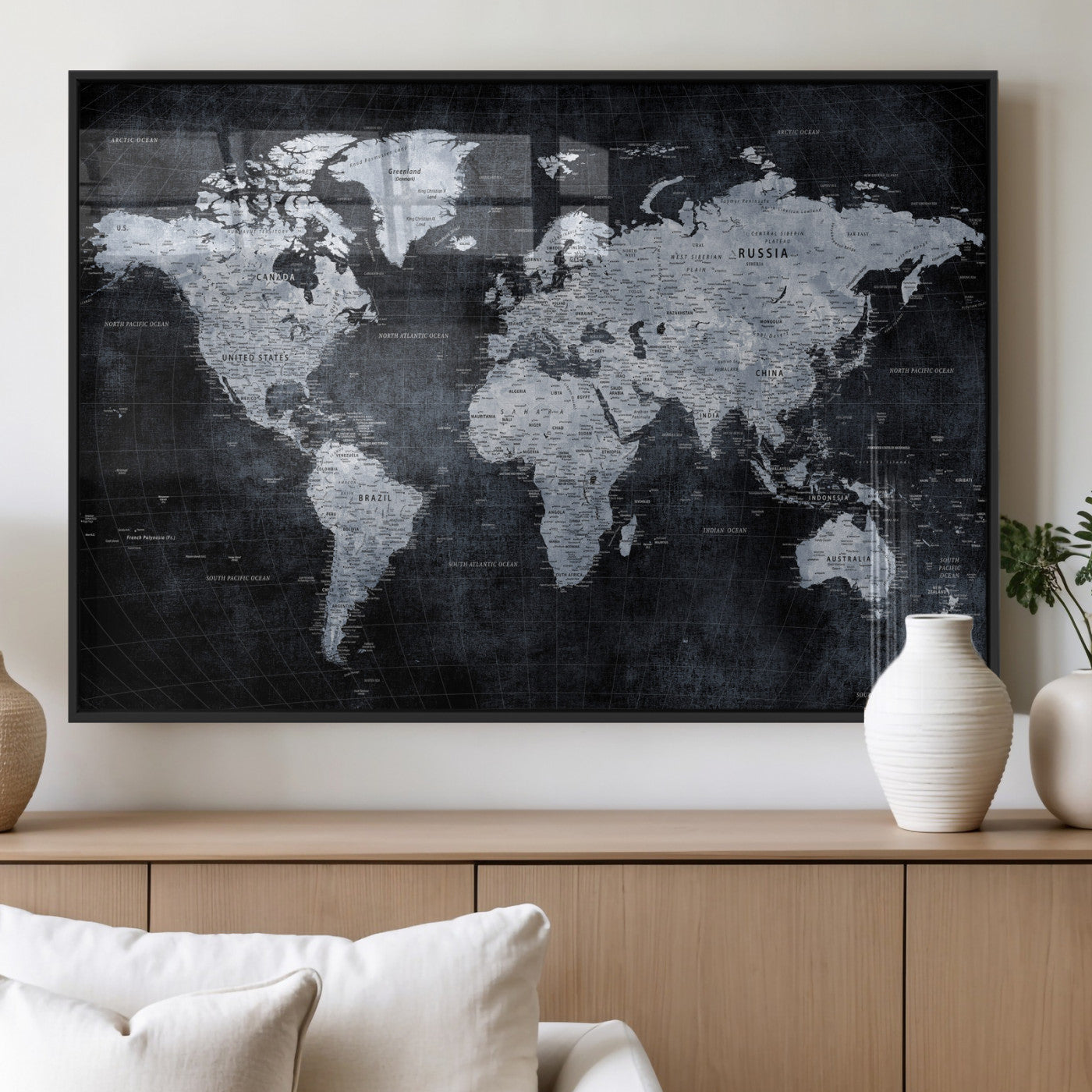 86893704-MGV-CV-36X24 - World Map Wall Art Canvas Print, Modern Decorative Framed Map Artwork Prints for Living Room, Office, Bedroom Wall Decor