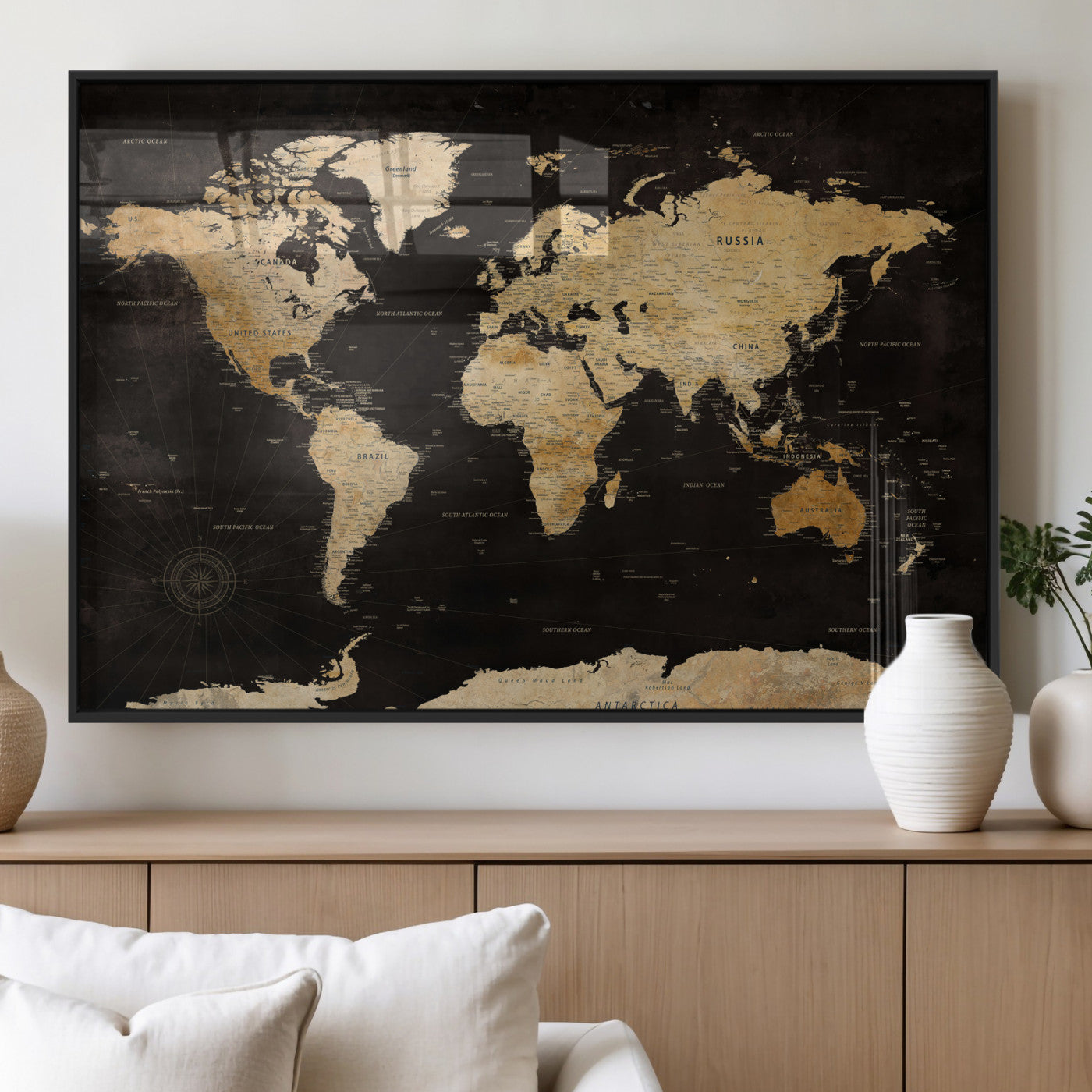 70468159-MGV-CV-36X24 - World Map Wall Art Canvas Print, Modern Decorative Framed Map Artwork Prints for Living Room, Office, Bedroom Wall Decor