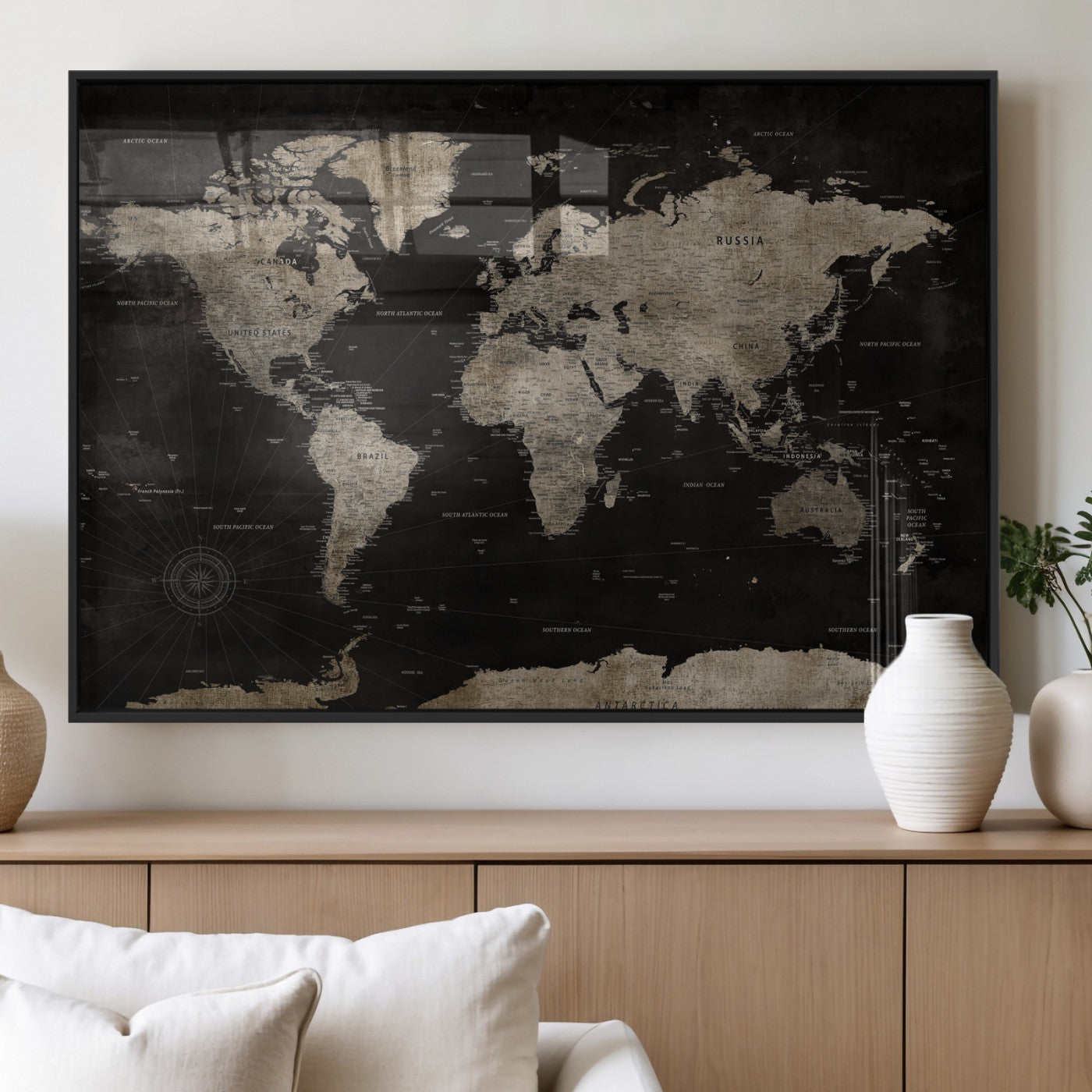 56225956-MGV-CV-36X24 - World Map Wall Art Canvas Print, Modern Decorative Framed Map Artwork Prints for Living Room, Office, Bedroom Wall Decor