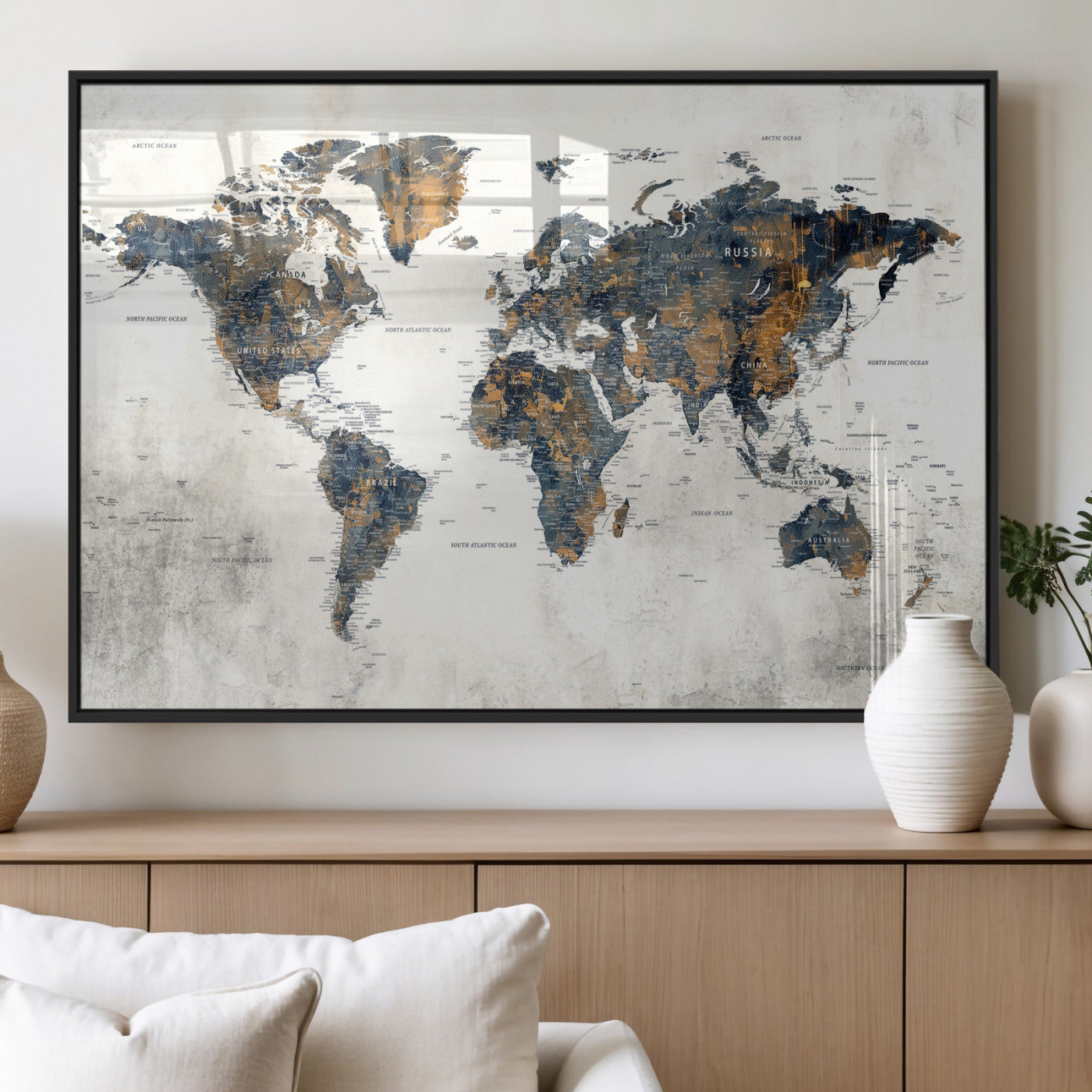 52451147-MGV-CV-36X24 - World Map Wall Art Canvas Print, Modern Decorative Framed Map Artwork Prints for Living Room, Office, Bedroom Wall Decor