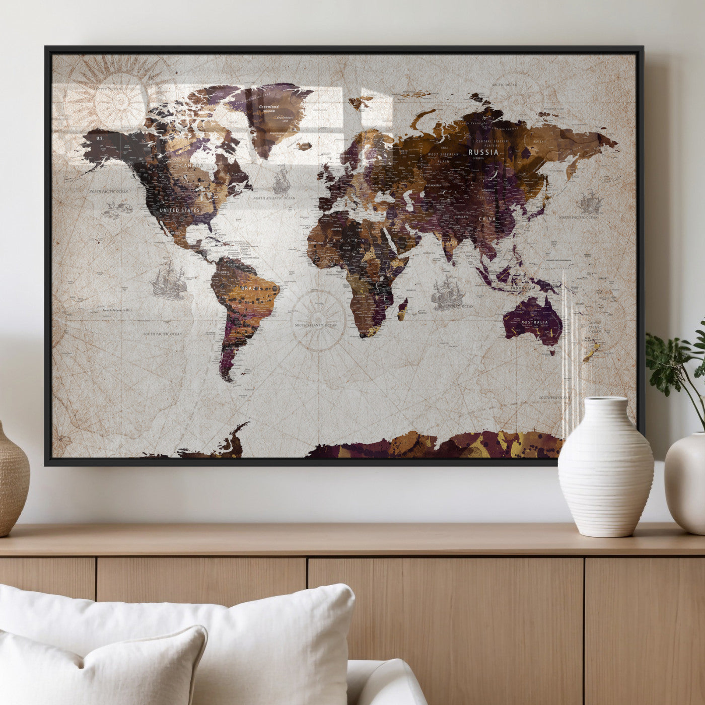 53400857-MGV-CV-36X24 - World Map Wall Art Canvas Print, Modern Decorative Framed Map Artwork Prints for Living Room, Office, Bedroom Wall Decor