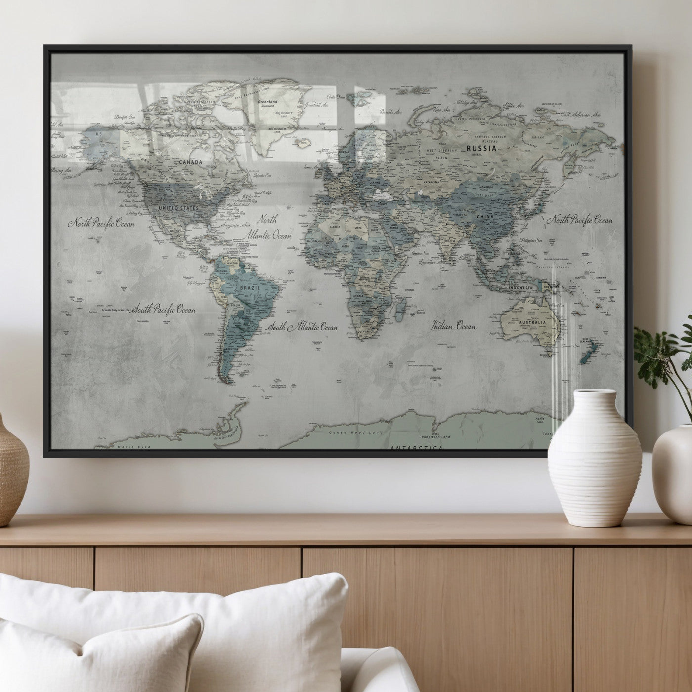 91132939-MGV-CV-36X24 - World Map Wall Art Canvas Print, Modern Decorative Framed Map Artwork Prints for Living Room, Office, Bedroom Wall Decor