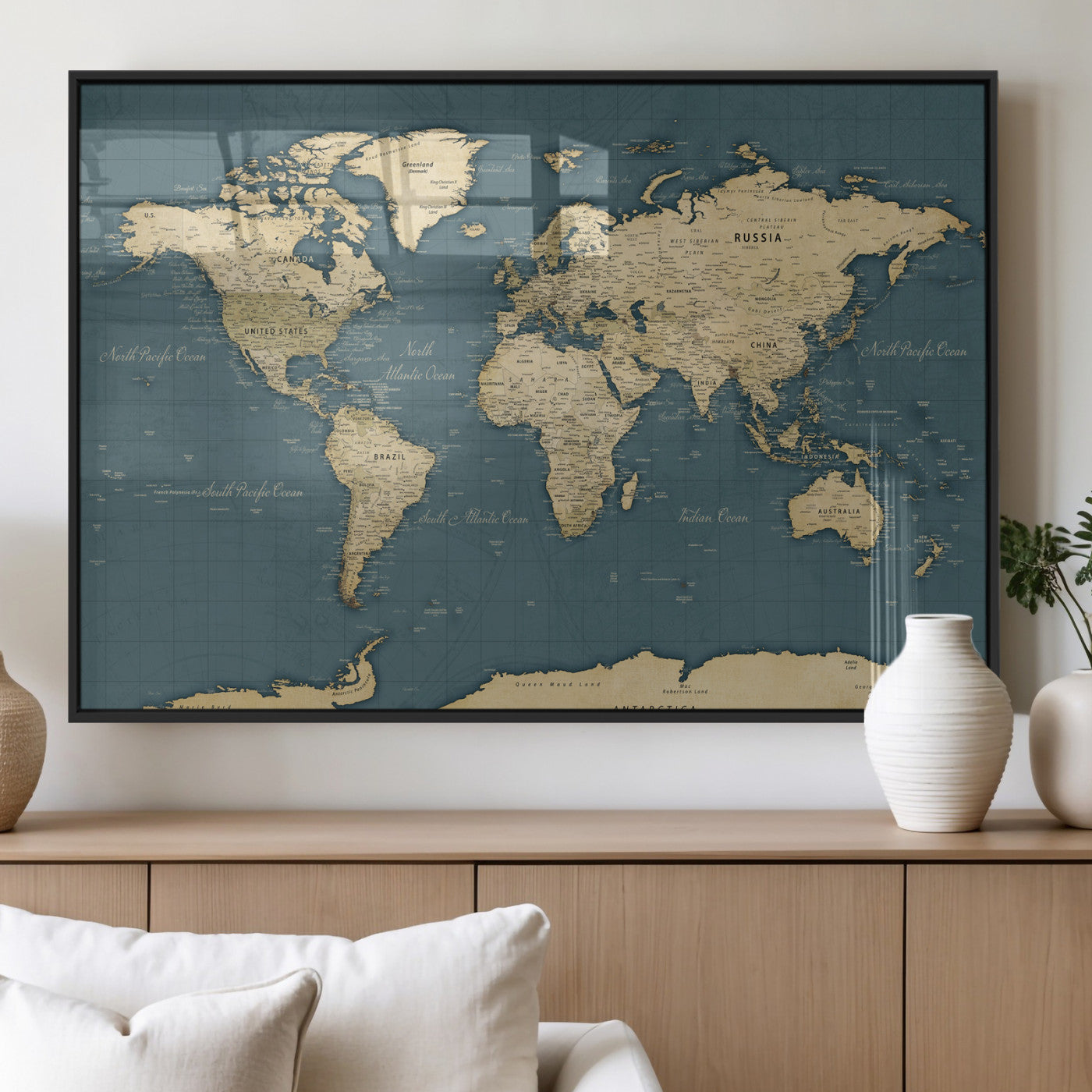 99599383-MGV-CV-36X24 - World Map Wall Art Canvas Print, Modern Decorative Framed Map Artwork Prints for Living Room, Office, Bedroom Wall Decor