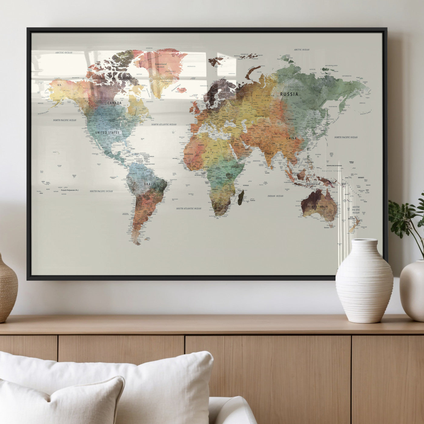 64206059-MGV-CV-36X24 - World Map Wall Art Canvas Print, Modern Decorative Framed Map Artwork Prints for Living Room, Office, Bedroom Wall Decor