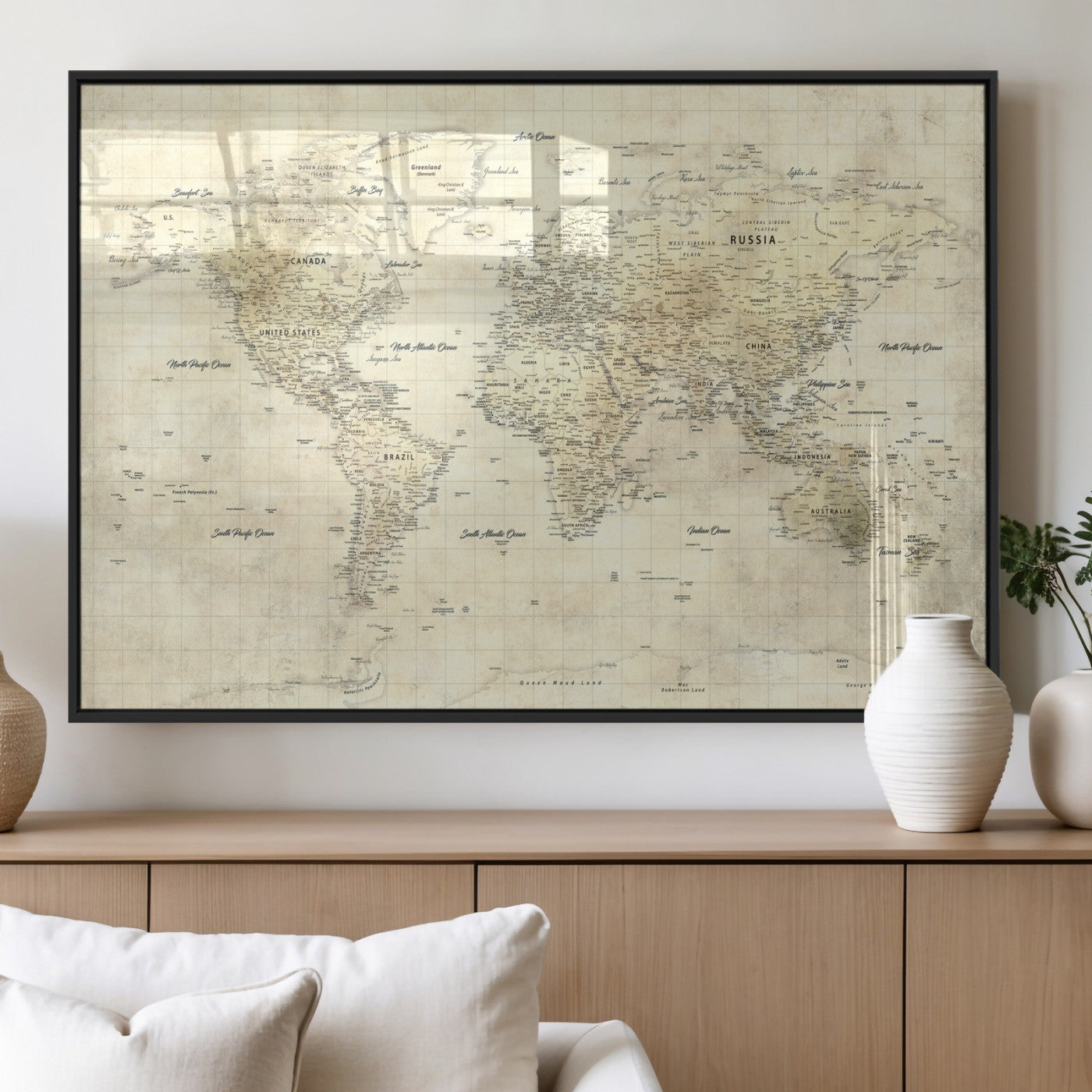17101439-MGV-CV-36X24 - World Map Wall Art Canvas Print, Modern Decorative Framed Map Artwork Prints for Living Room, Office, Bedroom Wall Decor