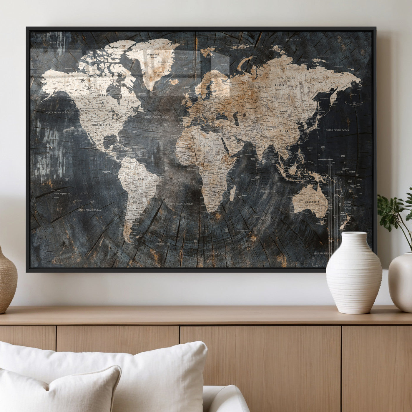 89162112-MGV-CV-36X24 - World Map Wall Art Canvas Print, Modern Decorative Framed Map Artwork Prints for Living Room, Office, Bedroom Wall Decor