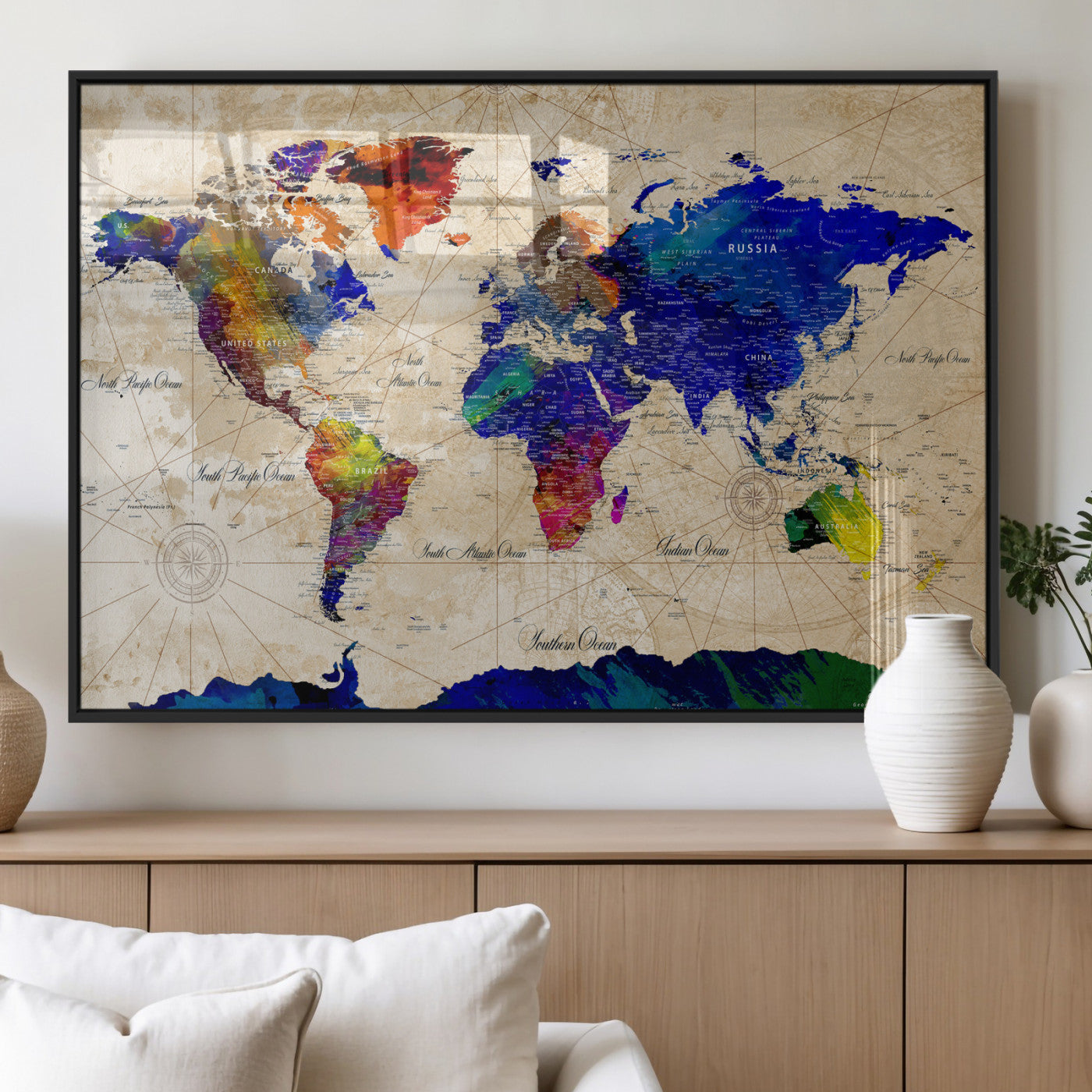 26284075-MGV-CV-36X24 - World Map Wall Art Canvas Print, Modern Decorative Framed Map Artwork Prints for Living Room, Office, Bedroom Wall Decor