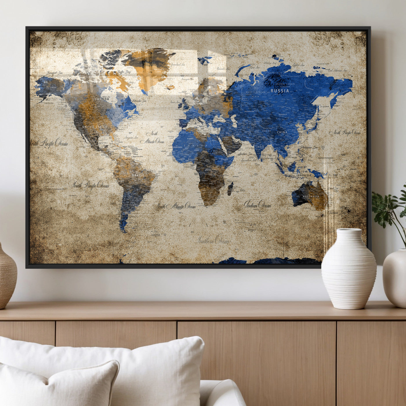 27314341-MGV-CV-36X24 - World Map Wall Art Canvas Print, Modern Decorative Framed Map Artwork Prints for Living Room, Office, Bedroom Wall Decor