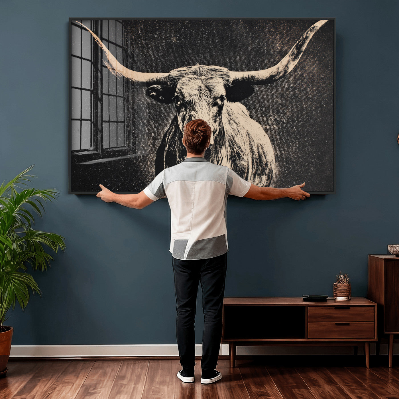 27394218-MGV-CV-36X24 - Vintage Texas Longhorn Bull Wall Art Canvas Print, Cow Portrait Photography Print, Framed Wall Art Ready to Hang
