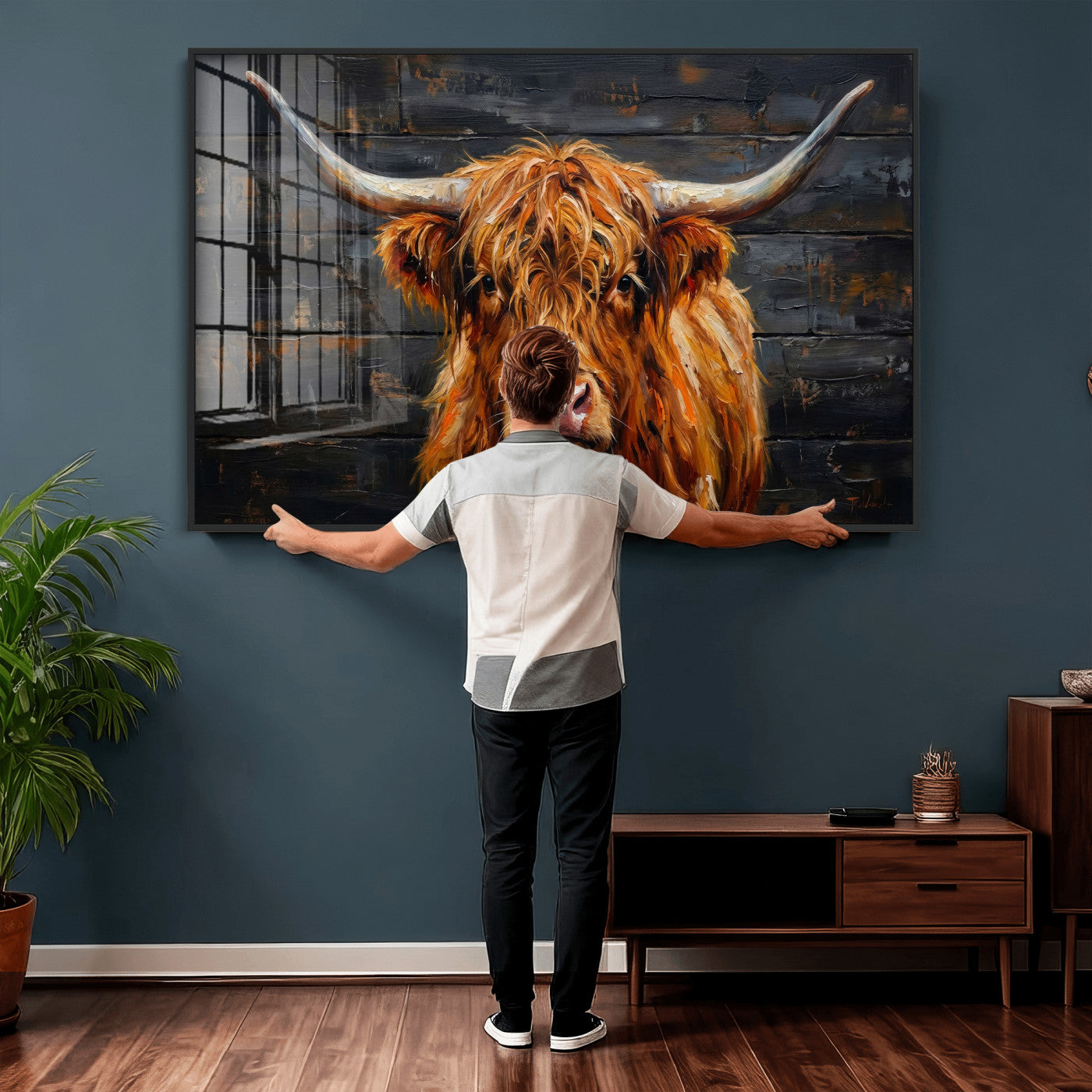 32536611-MGV-CV-36X24 - Highland Cow Wall Art Canvas Print, Rustic Farm Animal Painting, Framed Wall Art Ready to Hang