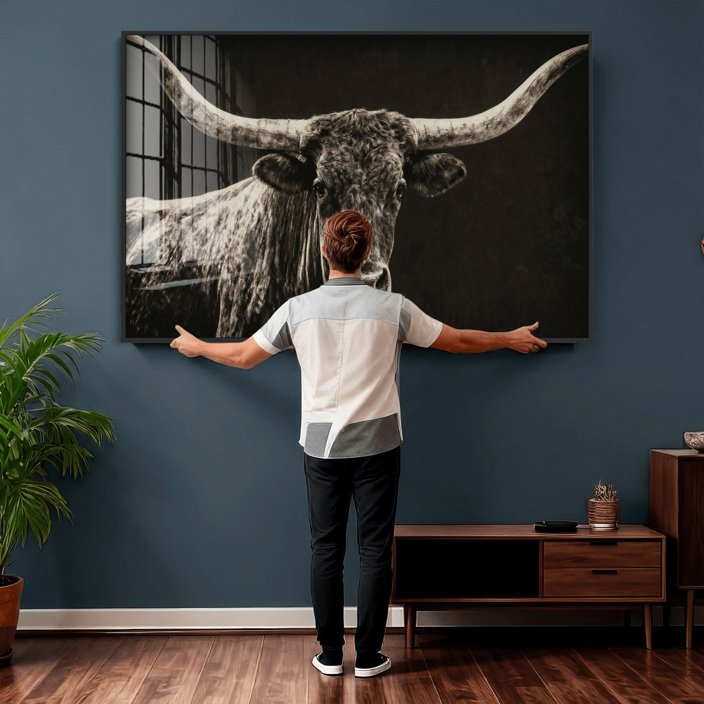 74513721-MGV-CV-36X24 - Vintage Texas Longhorn Bull Wall Art Canvas Print, Cow Portrait Photography Print, Framed Wall Art Ready to Hang