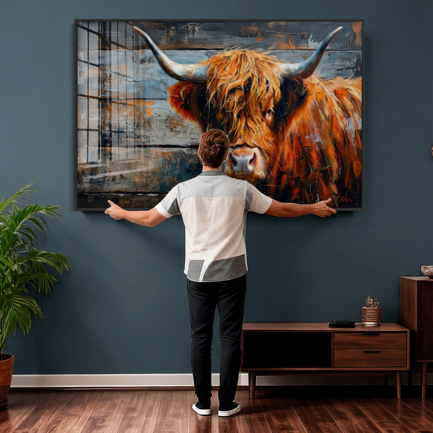 90271423-MGV-CV-36X24 - Highland Cow Wall Art Canvas Print, Abstract Rustic Farm Animal Wall Art Print, Framed Wall Art Ready to Hang