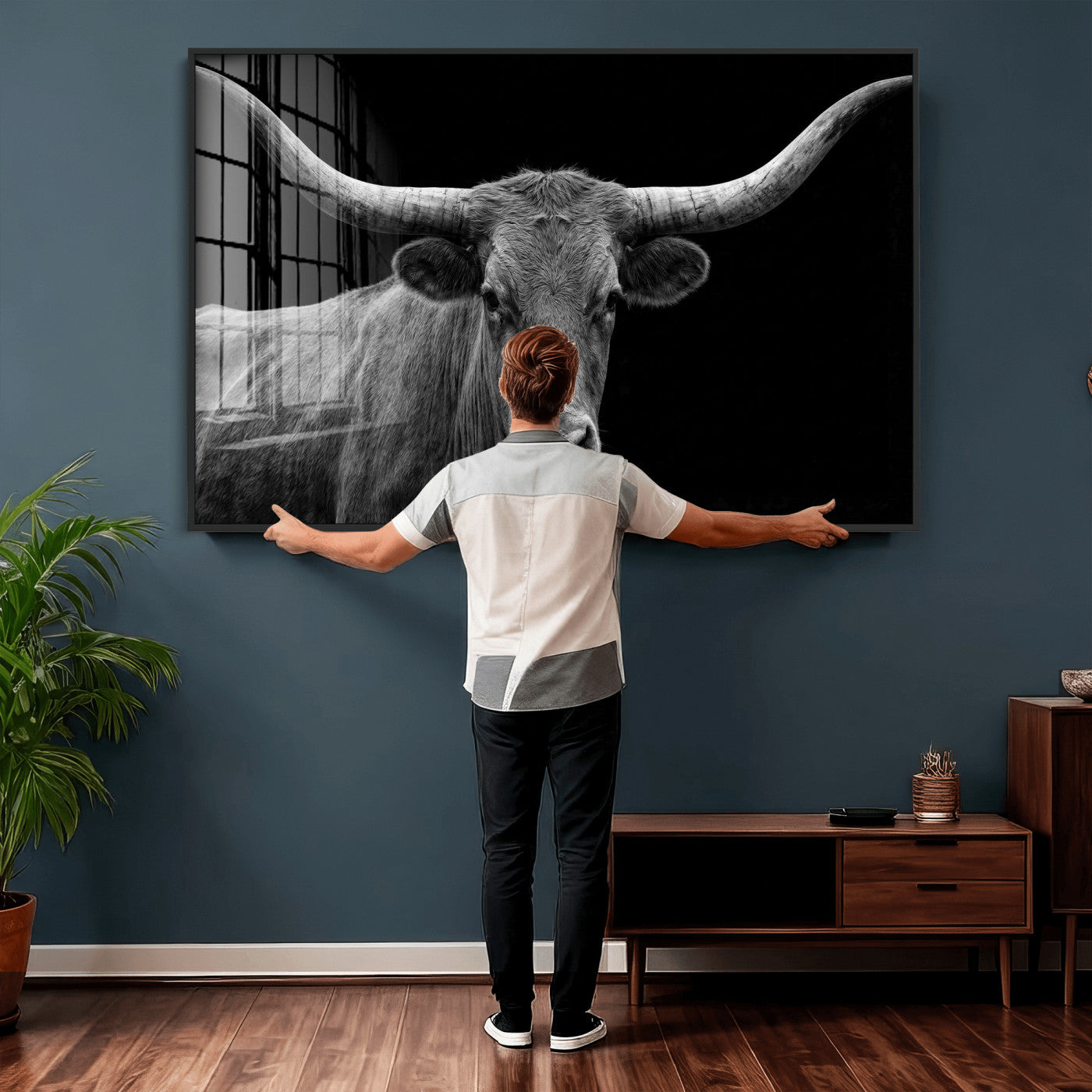 32601430-MGV-CV-36X24 - Texas Longhorn Bull Wall Art Canvas Print, Cow Portrait Photography, Framed Wall Art Ready to Hang