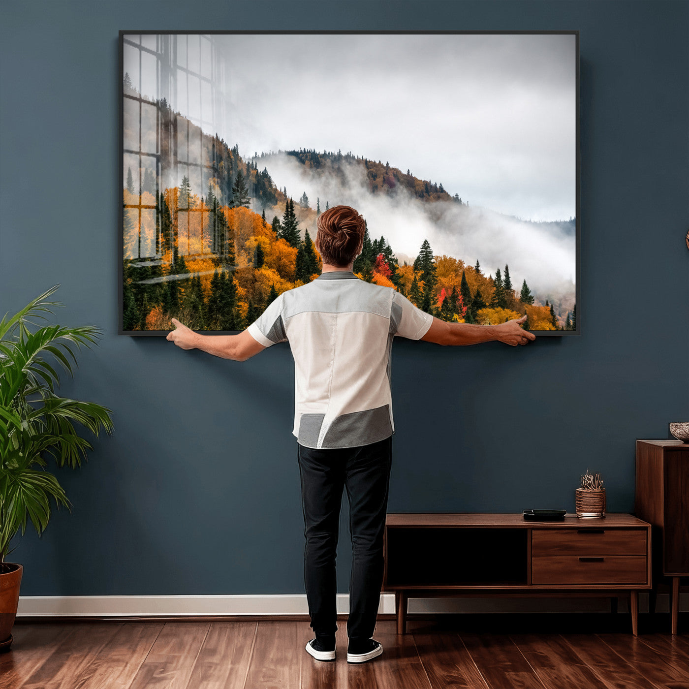 93581632-MGV-CV-36X24 - Autumn Forest Wall Art Canvas Print, Foggy Mountain Landscape Nature Photography, Framed Wall Art Ready to Hang