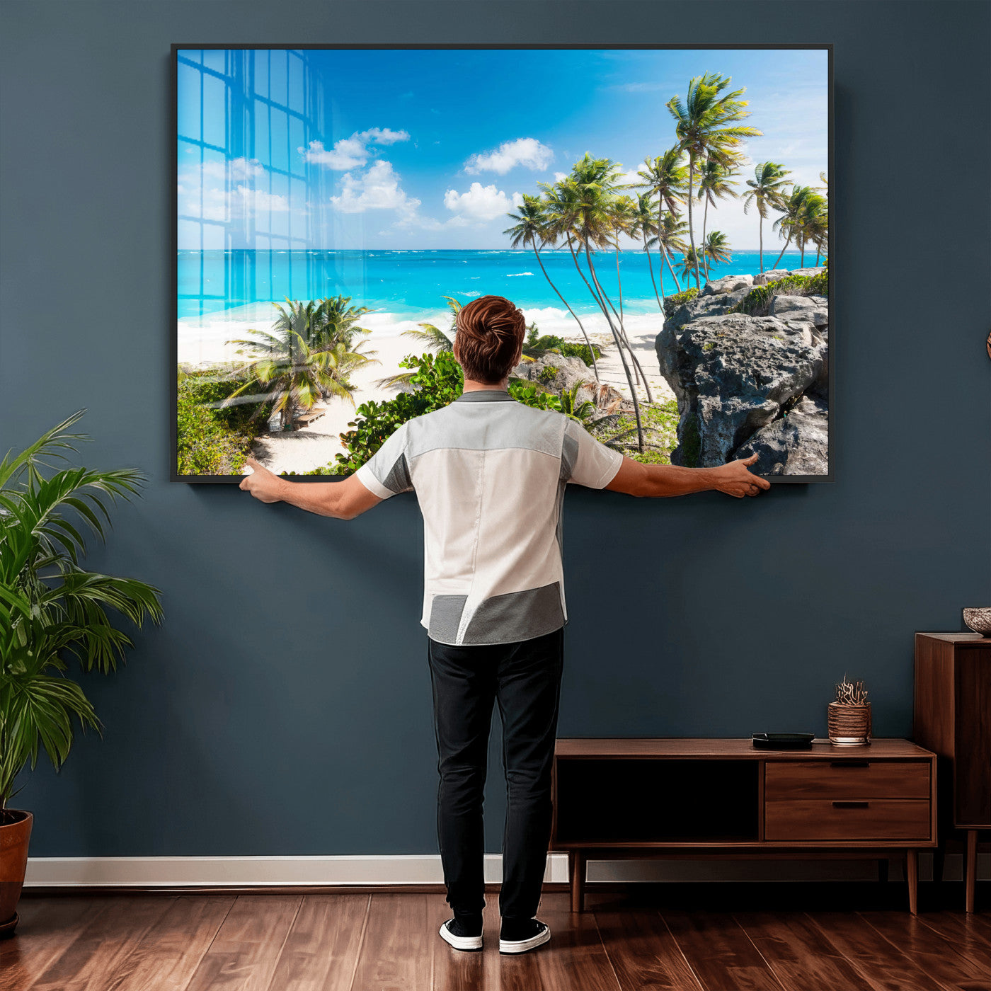 79995168-MGV-CV-36X24 - Barbados Beach Wall Art Canvas Print, Palm Tree Ocean Landscape, Turquoise Sea Coastal Photography, Tropical Island Wall Decor, Framed Ready to Hang