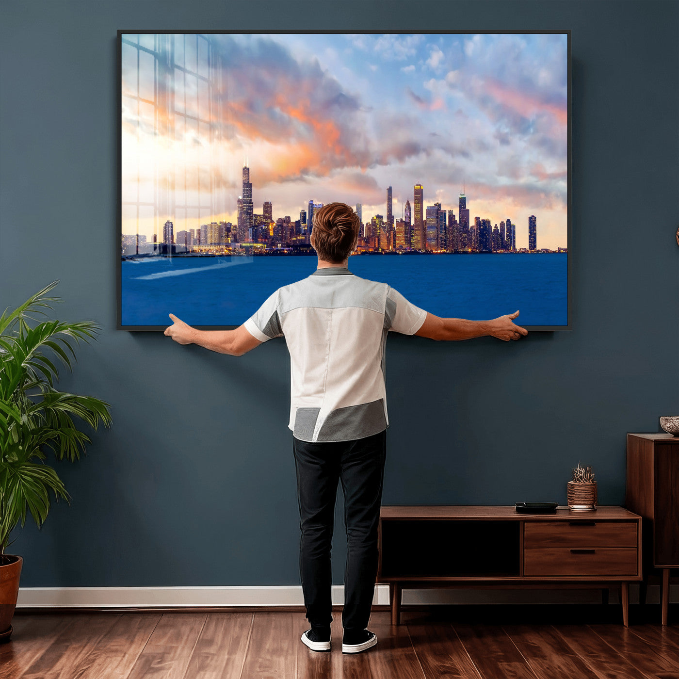 34667960-MGV-CV-36X24 - Chicago Wall Art Canvas Print, Chicago City Downtown Night Cityscape Print for Modern Urban Wall Decor