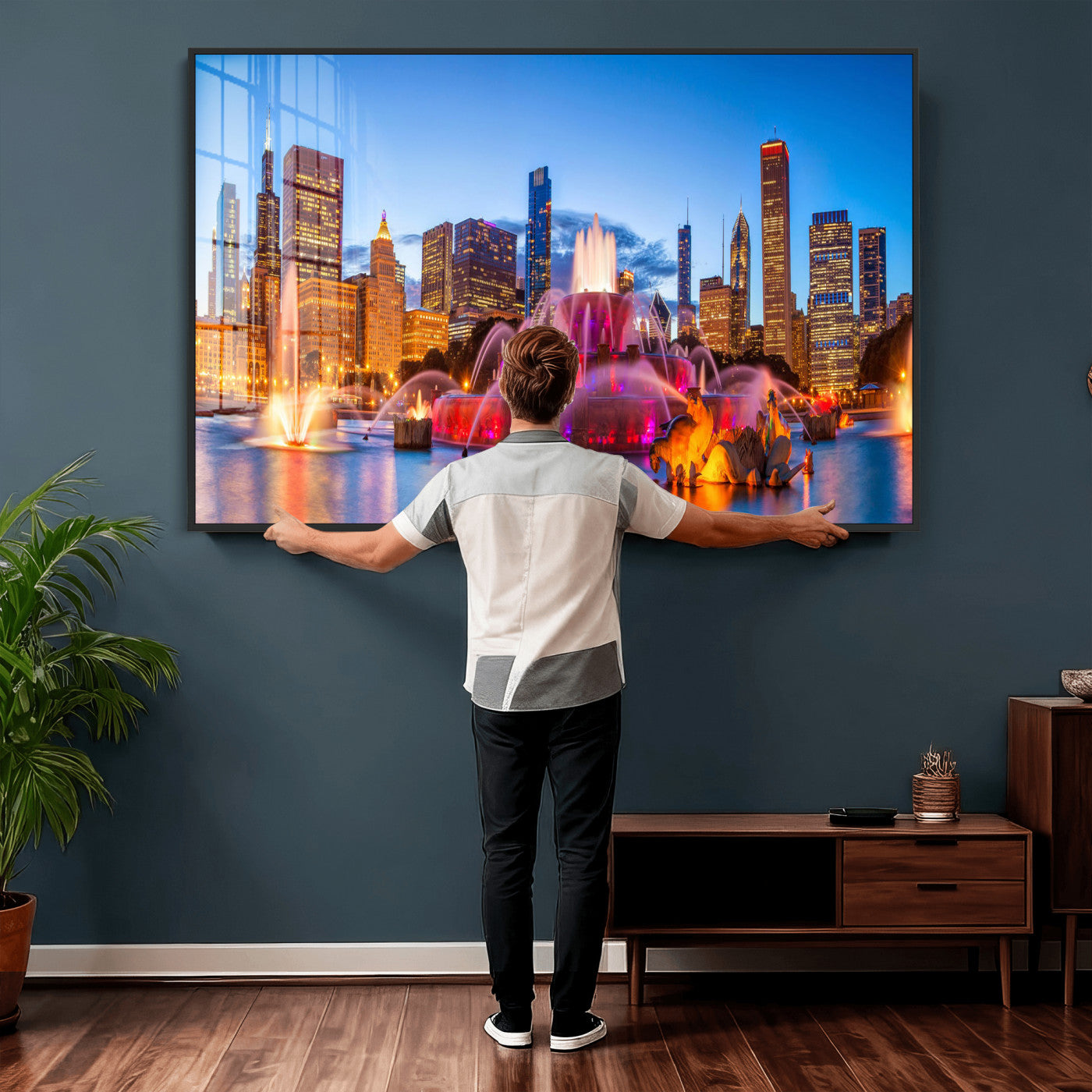 20251989-MGV-CV-36X24 - Chicago Wall Art Canvas Print, Chicago City Downtown Night Cityscape Print for Modern Urban Wall Decor