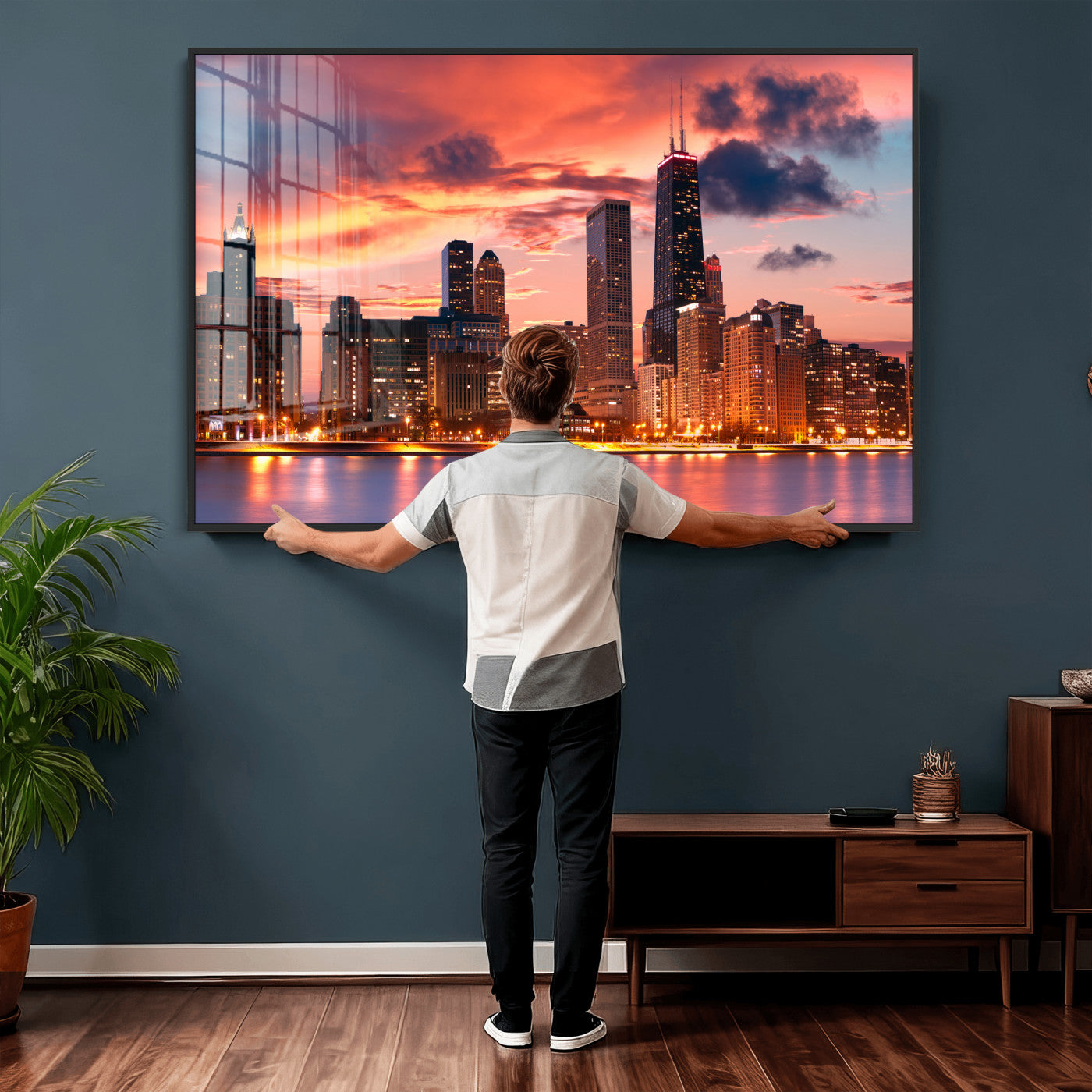 80390109-MGV-CV-36X24 - Chicago Wall Art Canvas Print, Chicago City Downtown Night Cityscape Print for Modern Urban Wall Decor