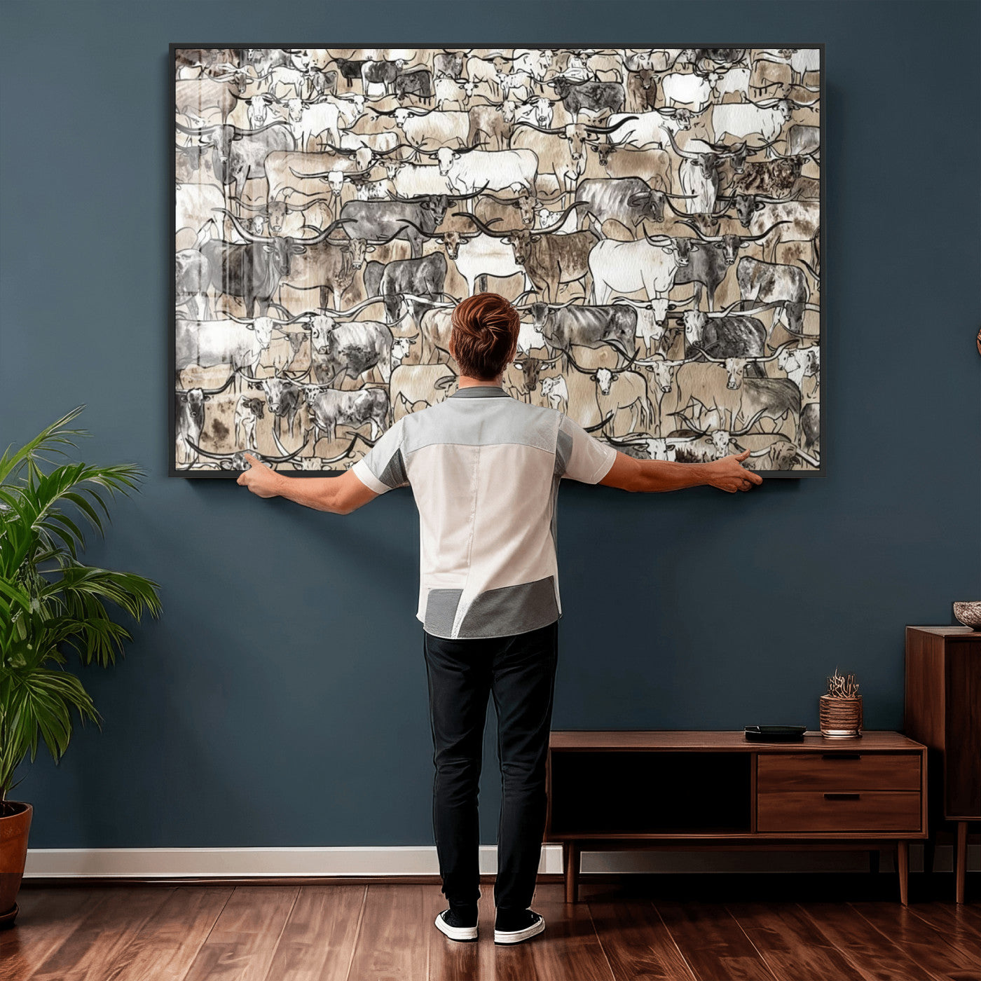 64368752-MGV-CV-36X24 - Farmhouse Animals Wall Art Canvas Print - Abstract Farm Animal Drawing Mid-Century Wall Art for Cabin Decor