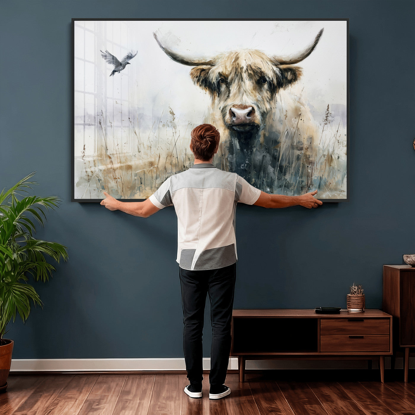55652651-MGV-CV-36X24 - Abstract Highland Cow Watercolor Animal Wall Art Canvas Print, Rustic Farm Cattle Portrait Canvas Print, Neutral Wildlife Farmhouse Art Printing