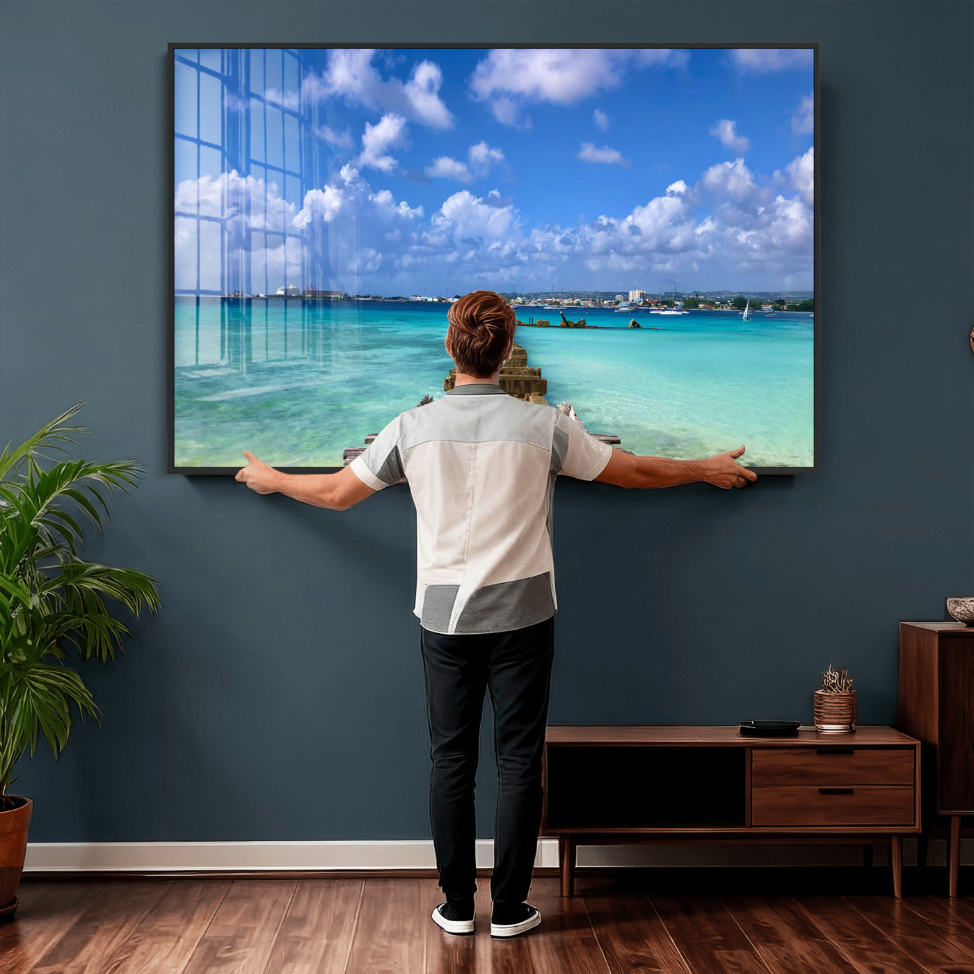 43165024-MGV-CV-36X24 - Caribbean Ocean Pier Seascape Wall Art Canvas Print, Turquoise Sea Tropical Harbor Canvas Print, Island Coastal Blue Water Scenic Art Printing