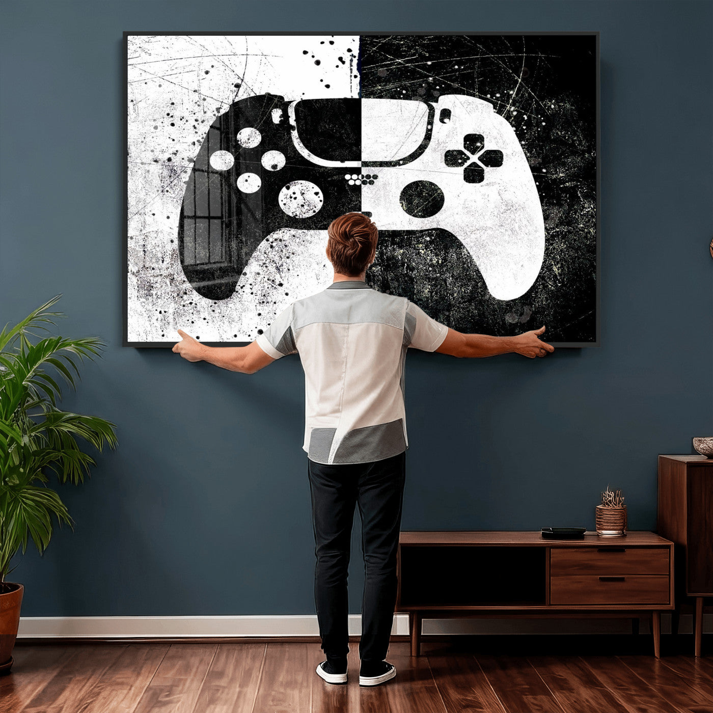 17525128-MGV-CV-36X24 - Abstract Gaming Controller Wall Art Canvas Print, Black White Video Game Controller Modern Canvas Print, Minimal Gamer Graphic Art Printing