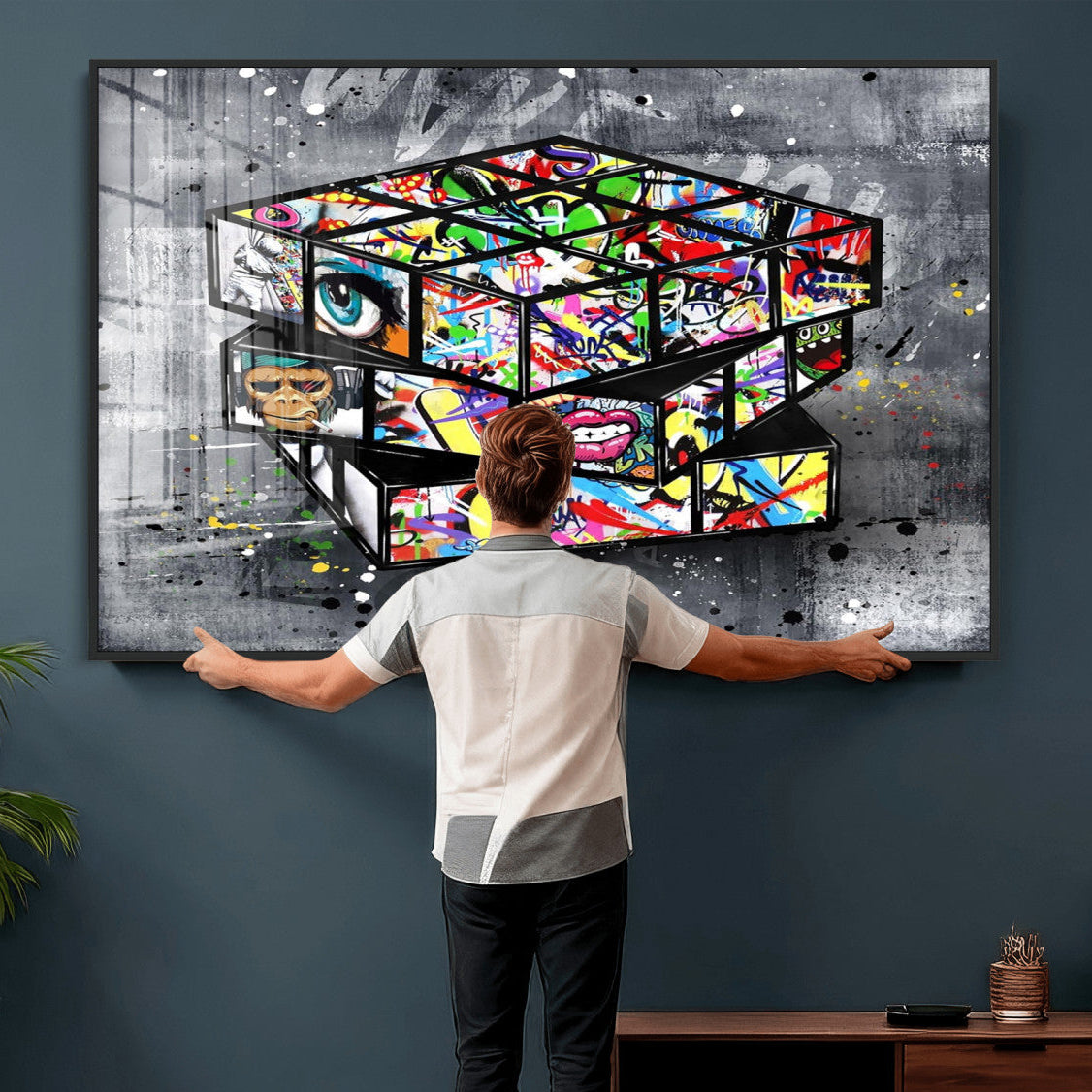 46789556-MGV-CV-36X24 - Graffiti Cube Abstract Street Art Wall Art Canvas Print, Colorful Urban Pop Art Geometric Canvas Print, Modern Street Art Contemporary Art Printing