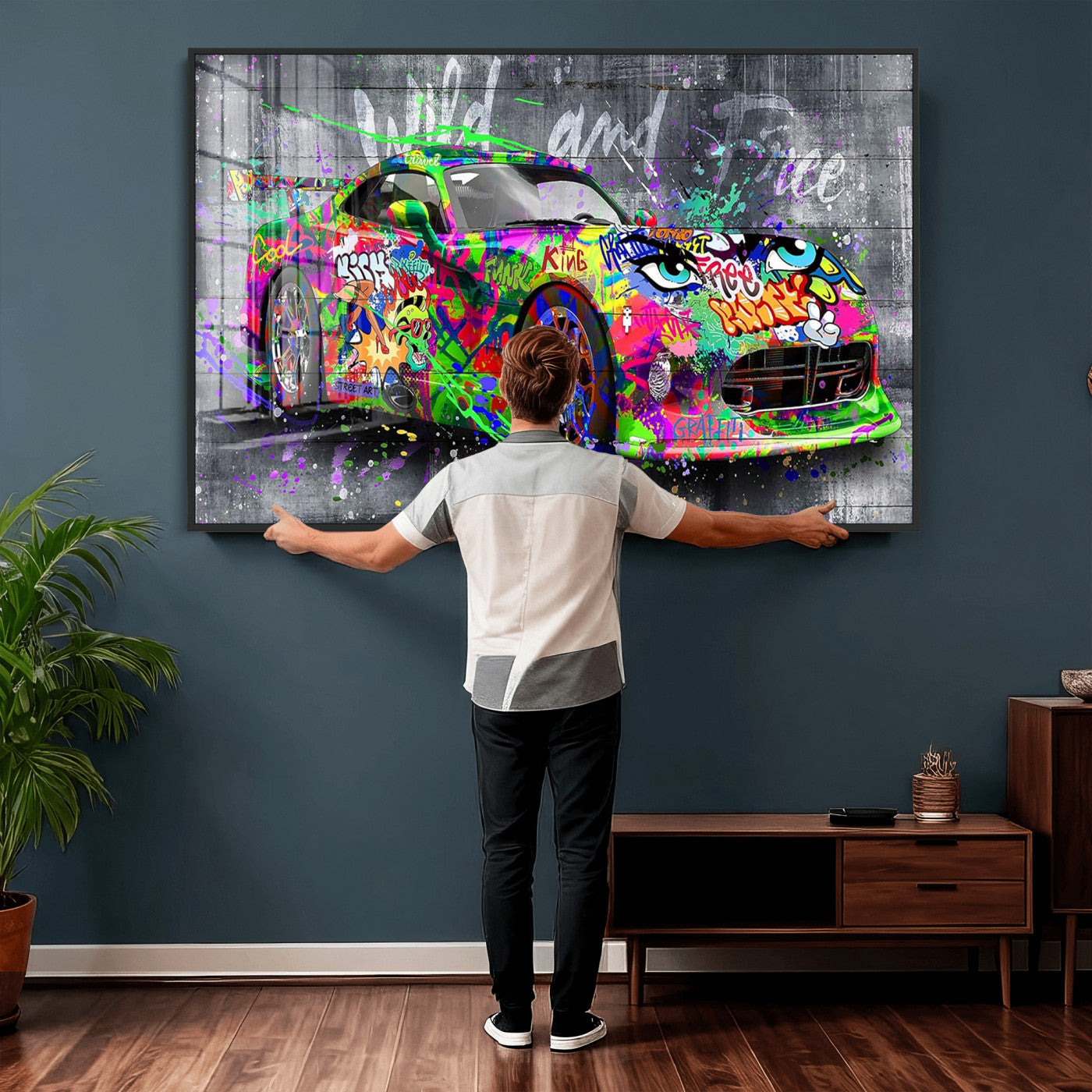 95314968-MGV-CV-36X24 - Graffiti Sports Car Street Art Wall Art Canvas Print, Colorful Urban Supercar Pop Art Canvas Print, Modern Graffiti Car Contemporary Art Printing