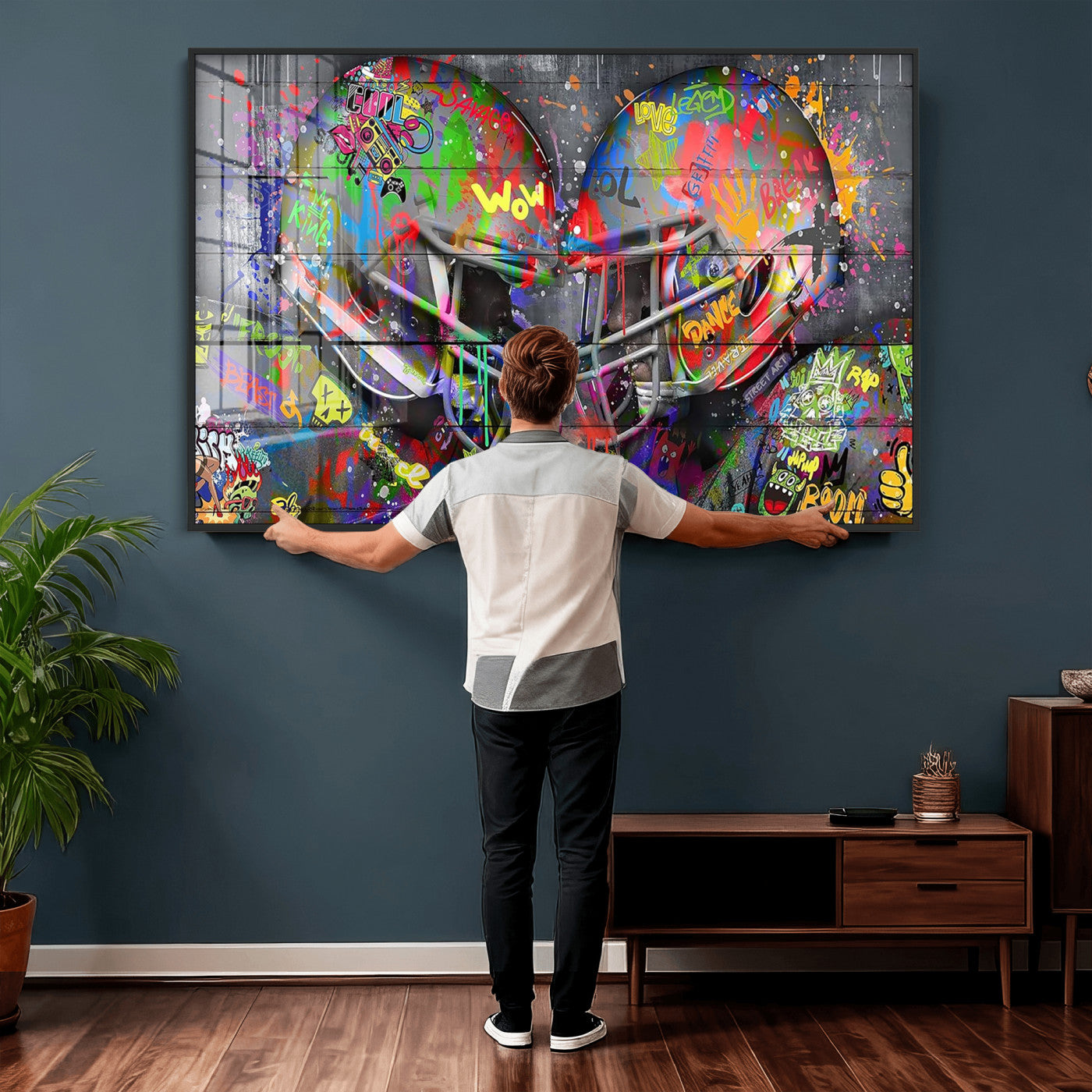 15309853-MGV-CV-36X24 - Graffiti Football Helmets Wall Art Canvas Print, Urban Street Art Sports Decor, Colorful American Football Graffiti Artwork