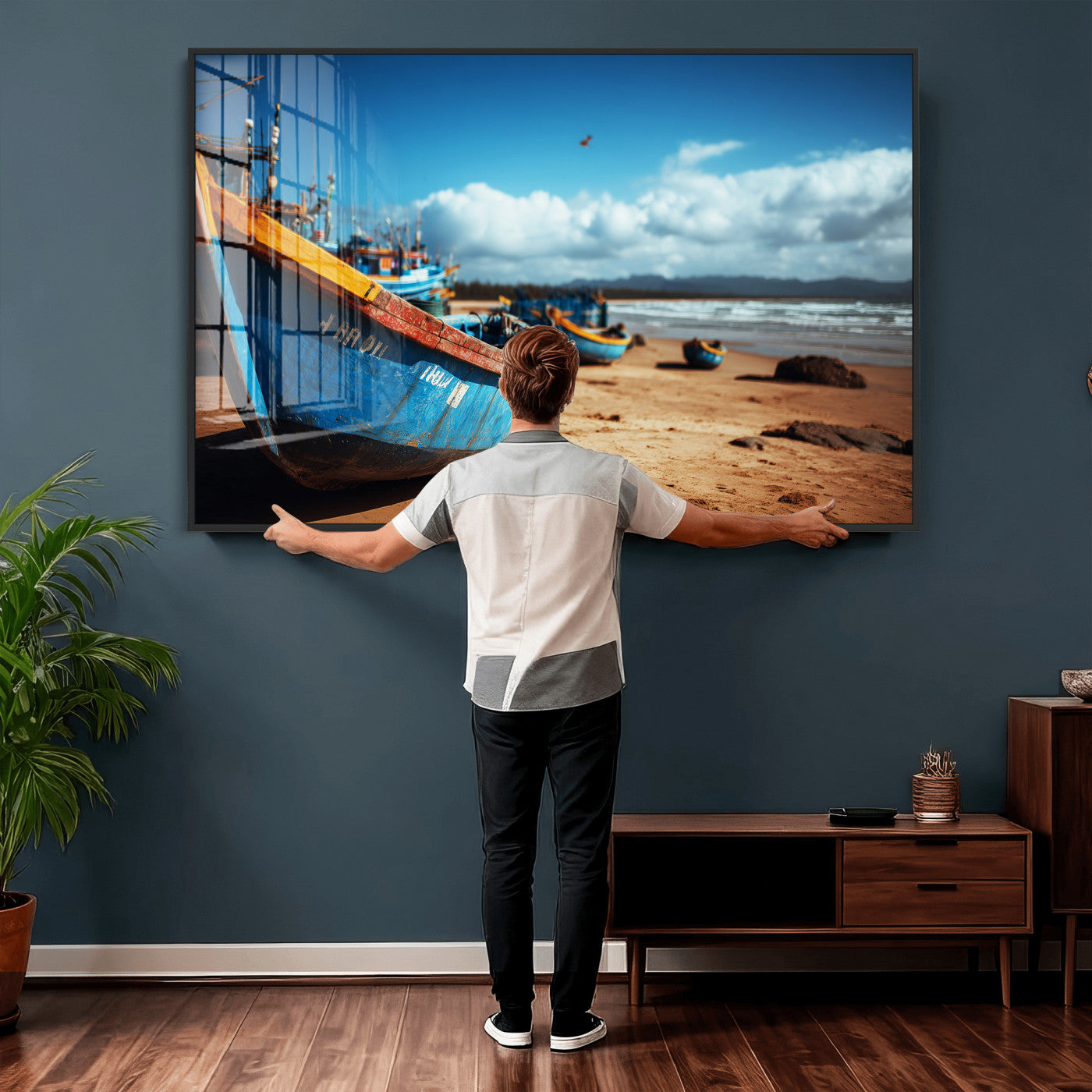 70925201-MGV-CV-36X24 - Fishing Boats Wall Art Canvas Print, Coastal Boat Beach Scene, Nautical Seaside Artwork, Ocean Shore Decor, Coastal Home Wall Art