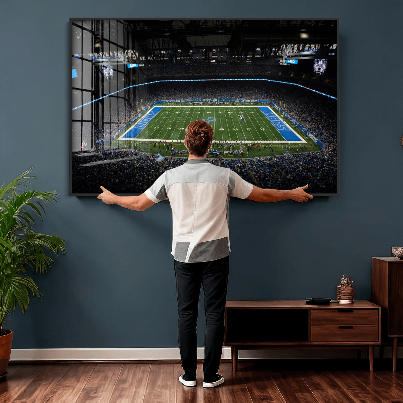 16709602-MGV-CV-36X24 - Detroit Lions Stadium Wall Art Canvas Print, Football Field Panorama Artwork, NFL Game Night Stadium Decor