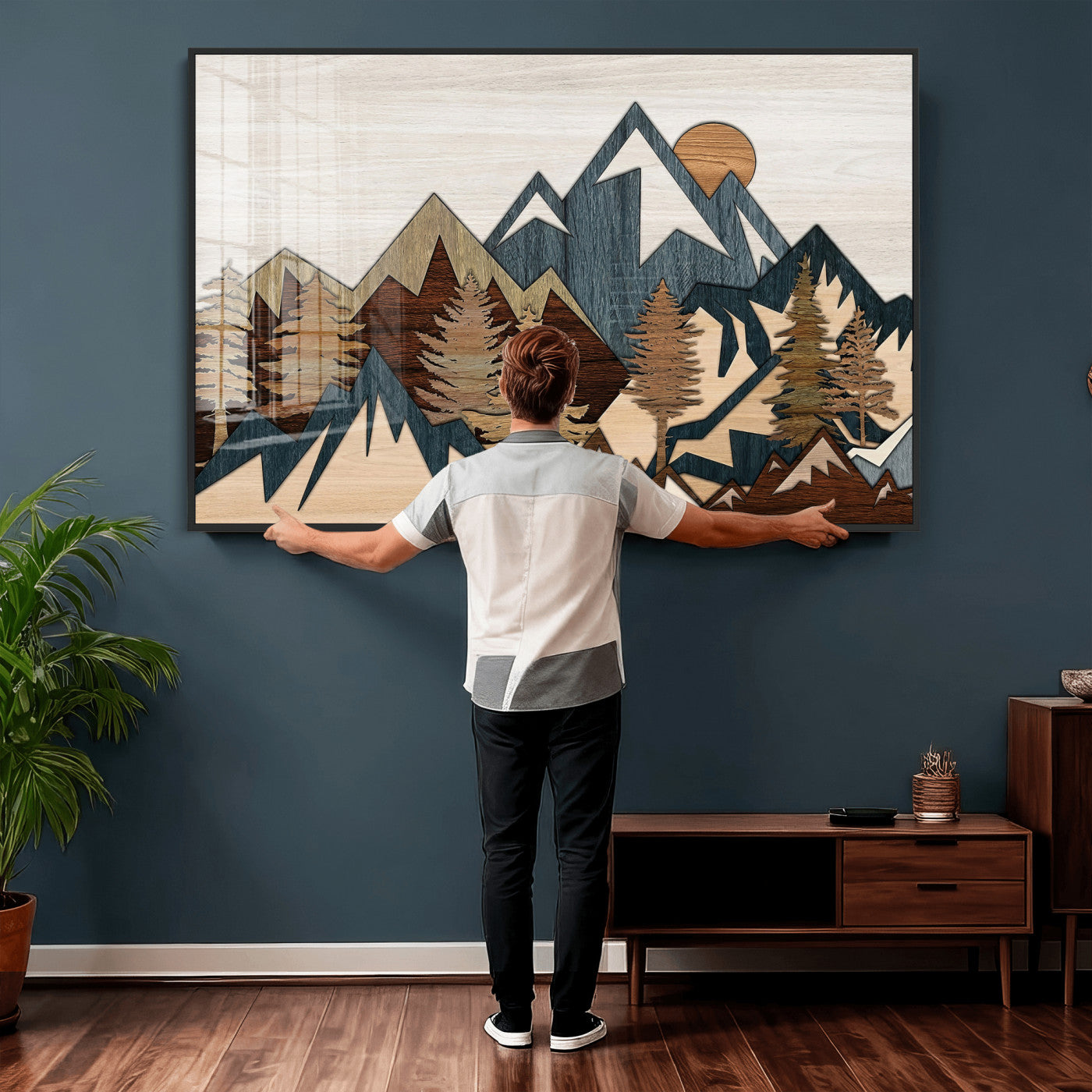 61833055-MGV-CV-36X24 - Mountain Forest Wall Art Canvas Print, Layered Wood Landscape Artwork, Rustic Nature Wall Decor for Living Room