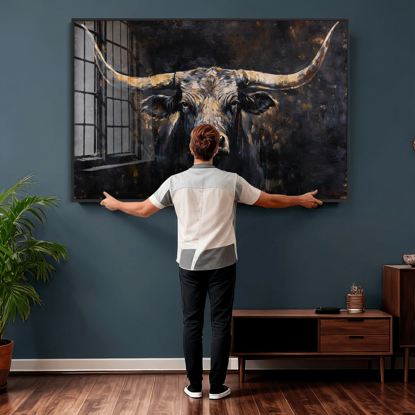 17622011-MGV-CV-36X24 - Abstract Longhorn Bull Wall Art Canvas Print – Dark Rustic Western Cattle Artwork for Farmhouse, Ranch, Cabin, and Office Decor