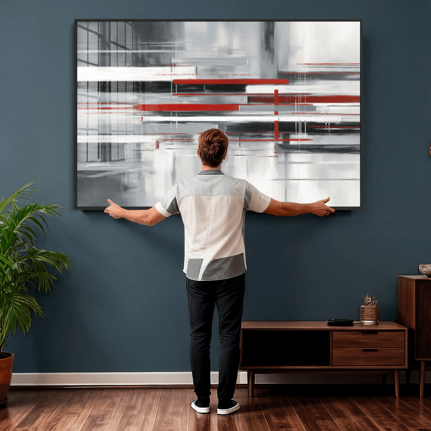 62640681-MGV-CV-36X24 - Gray Red Abstract Wall Art Canvas Print, Modern Abstract Canvas Wall Decor for Contemporary Living Room and Office